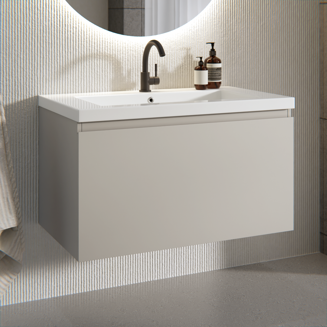 Badezimmermöbel Niko - 80cm - Taupe - Waschbecken Weiß