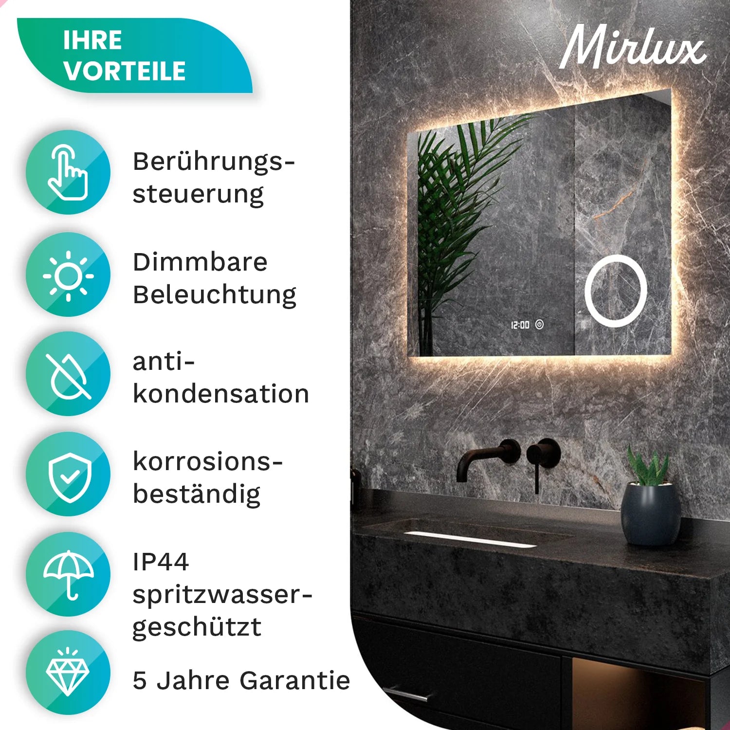 Badezimmerspiegel - 120x80cm - Rahmenlos - Rechteck