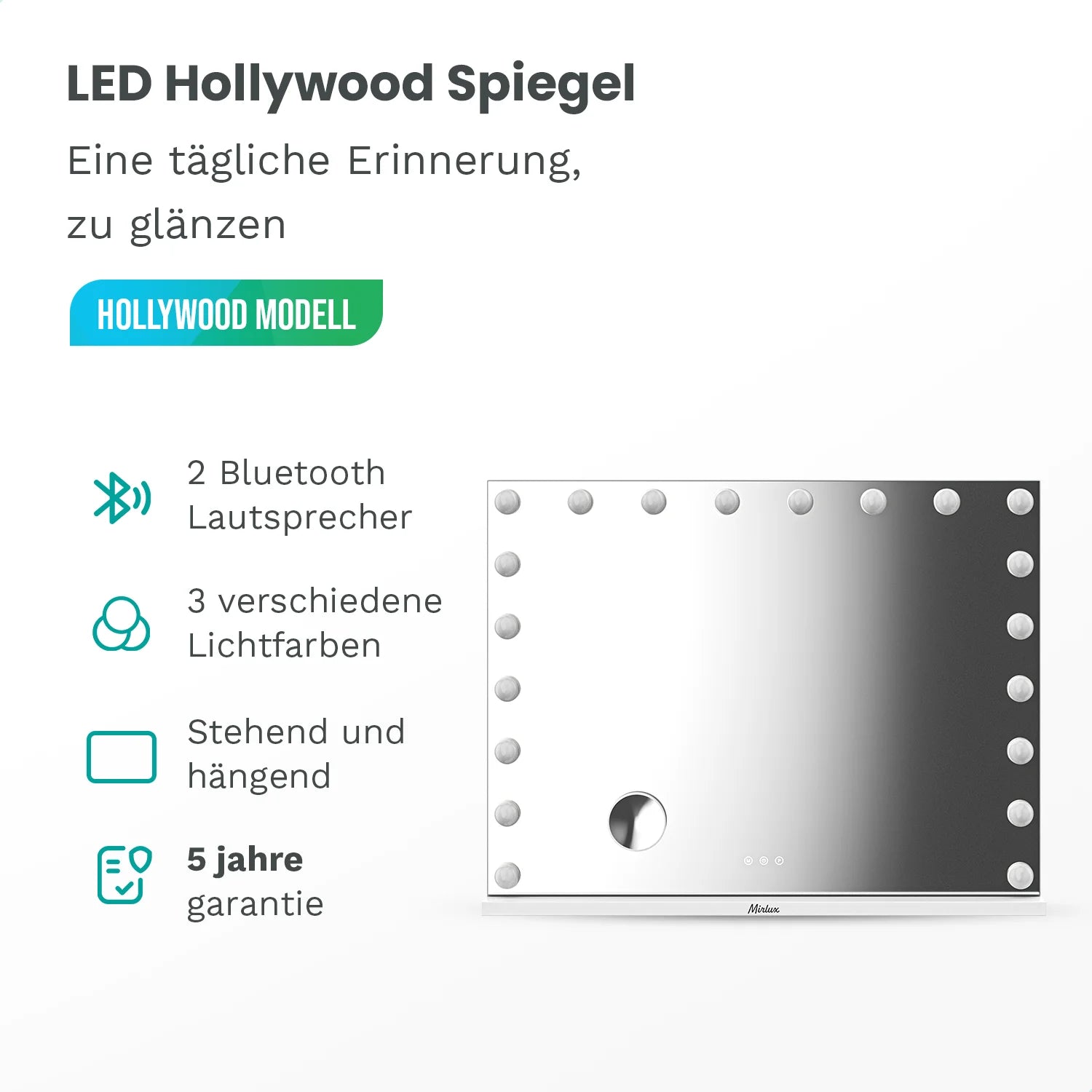 Hollywood Spiegel - Bluetooth-Lautsprecher - 58x48cm - Weiß
