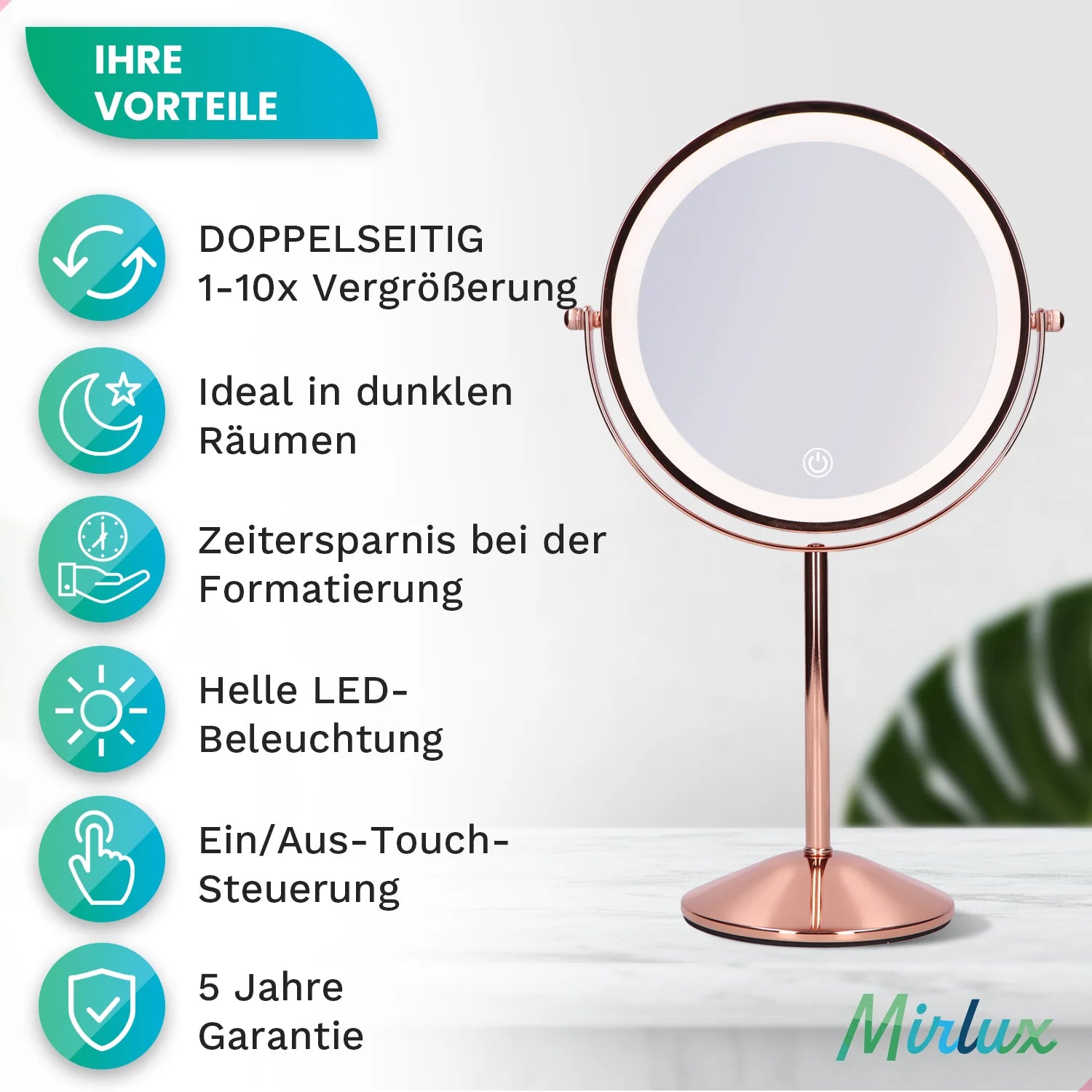 Schminkspiegel - Stehend - Wiederaufladbar - Pink - 1-10-fache Vergrößerung