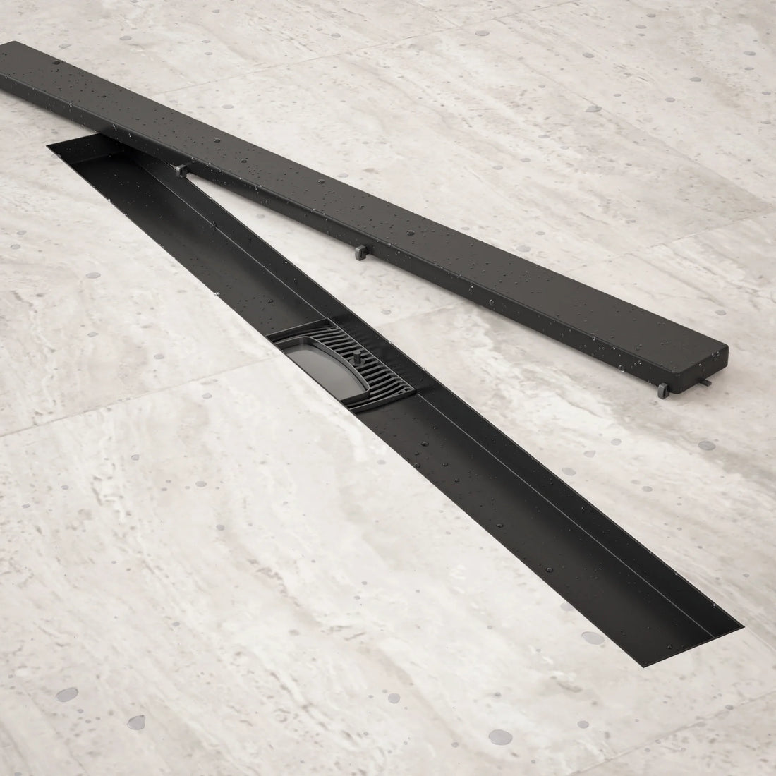 Duschrinne – 80 cm – Mattschwarz – Fliesenrost – Edelstahl – mit Flansch