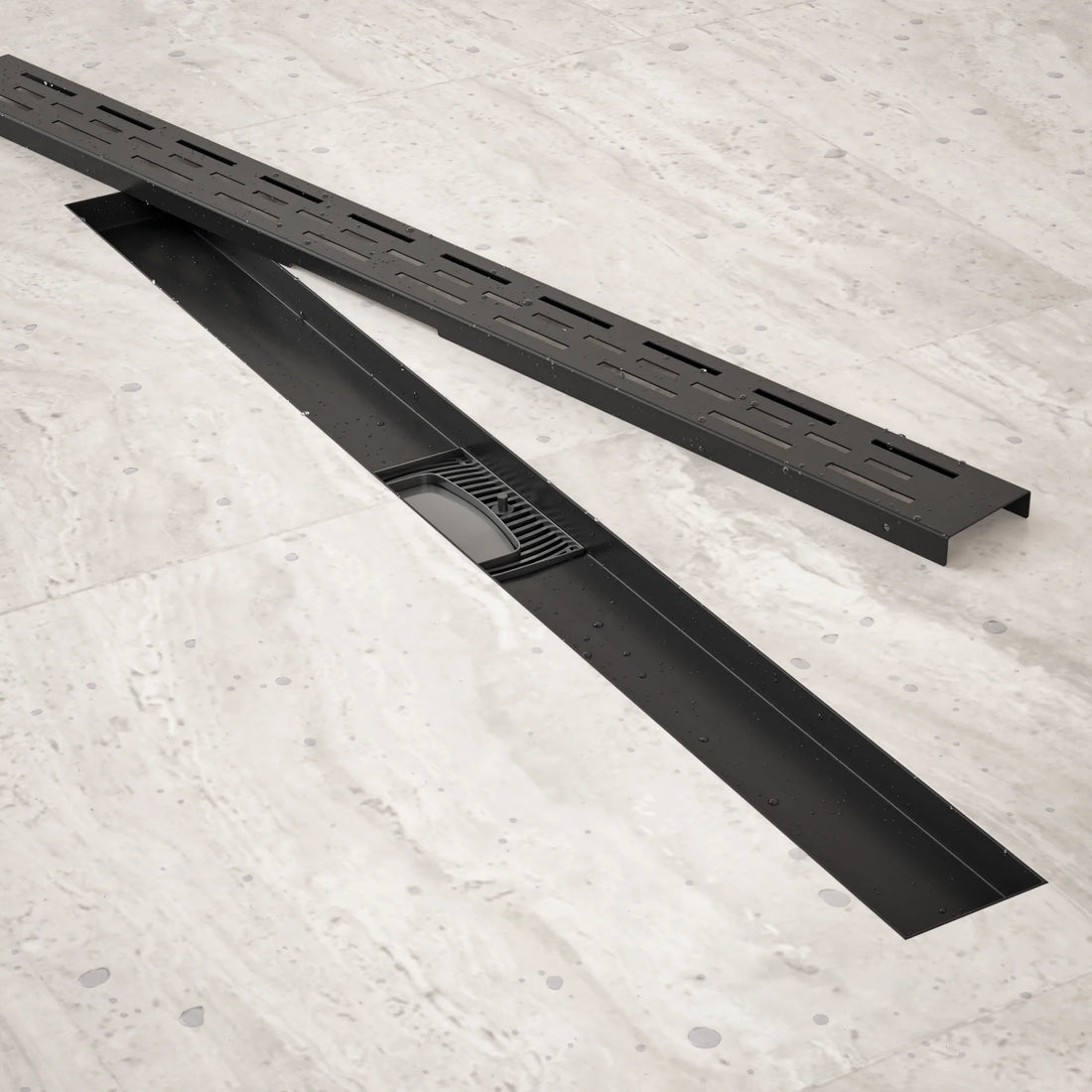Duschrinne – 80 cm – Mattschwarz – Standardrost – Edelstahl – mit Flansch