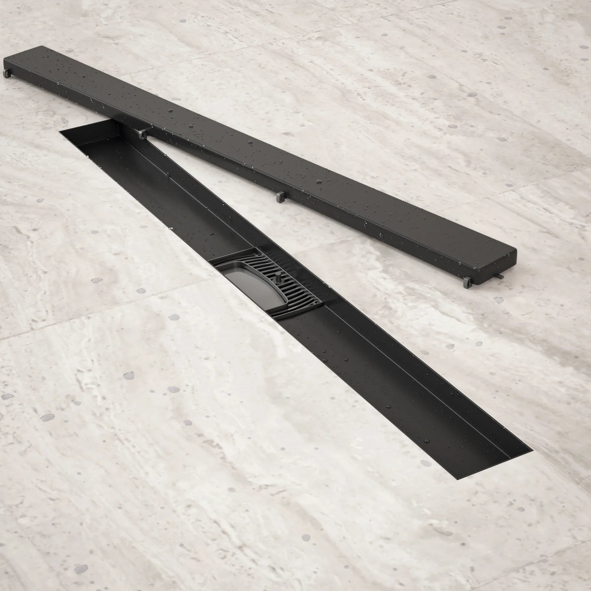 Duschrinne – 70 cm – Mattschwarz – Fliesenrost – Edelstahl – mit Flansch