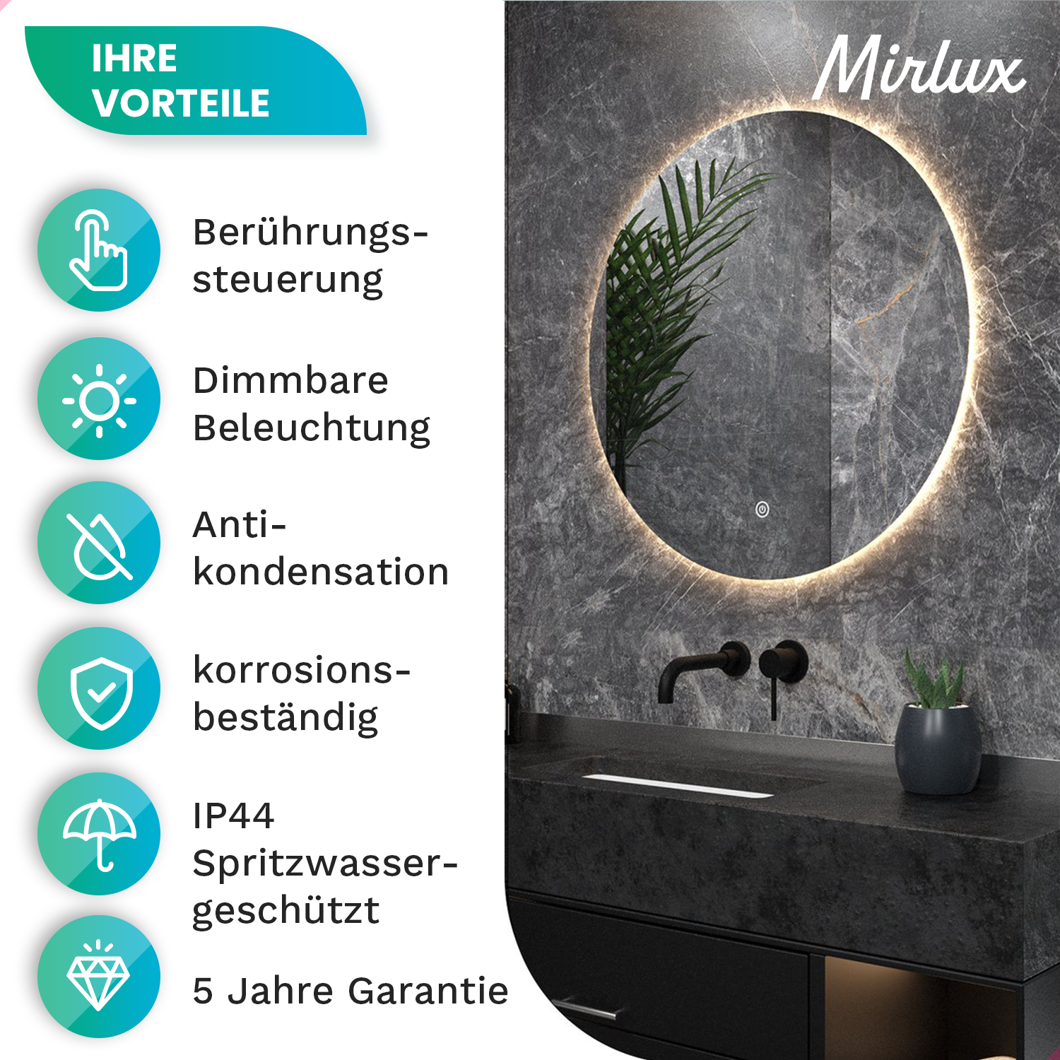 Badezimmerspiegel - Rund - 60cm - Rahmenlos - Vorbestellen