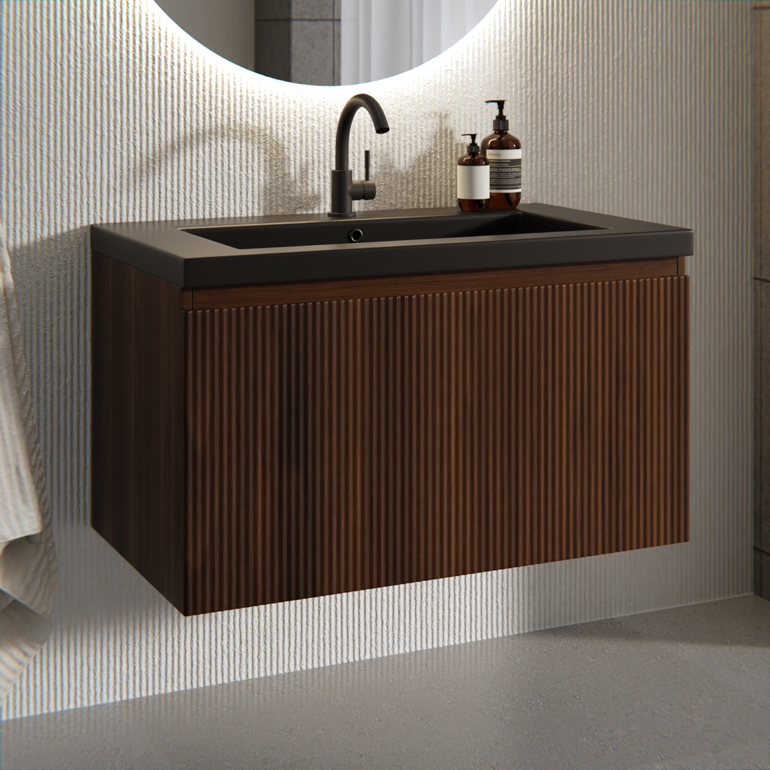 Badezimmermöbel Niko - 80cm - Walnuss - Waschbecken Schwarz