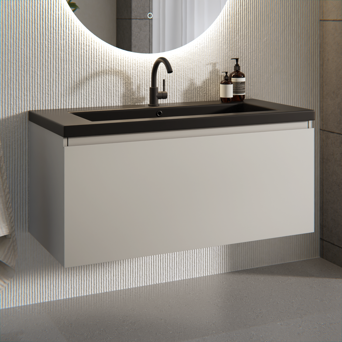 Badezimmermöbel Indy - 100 cm - Taupe - Waschbecken Schwarz