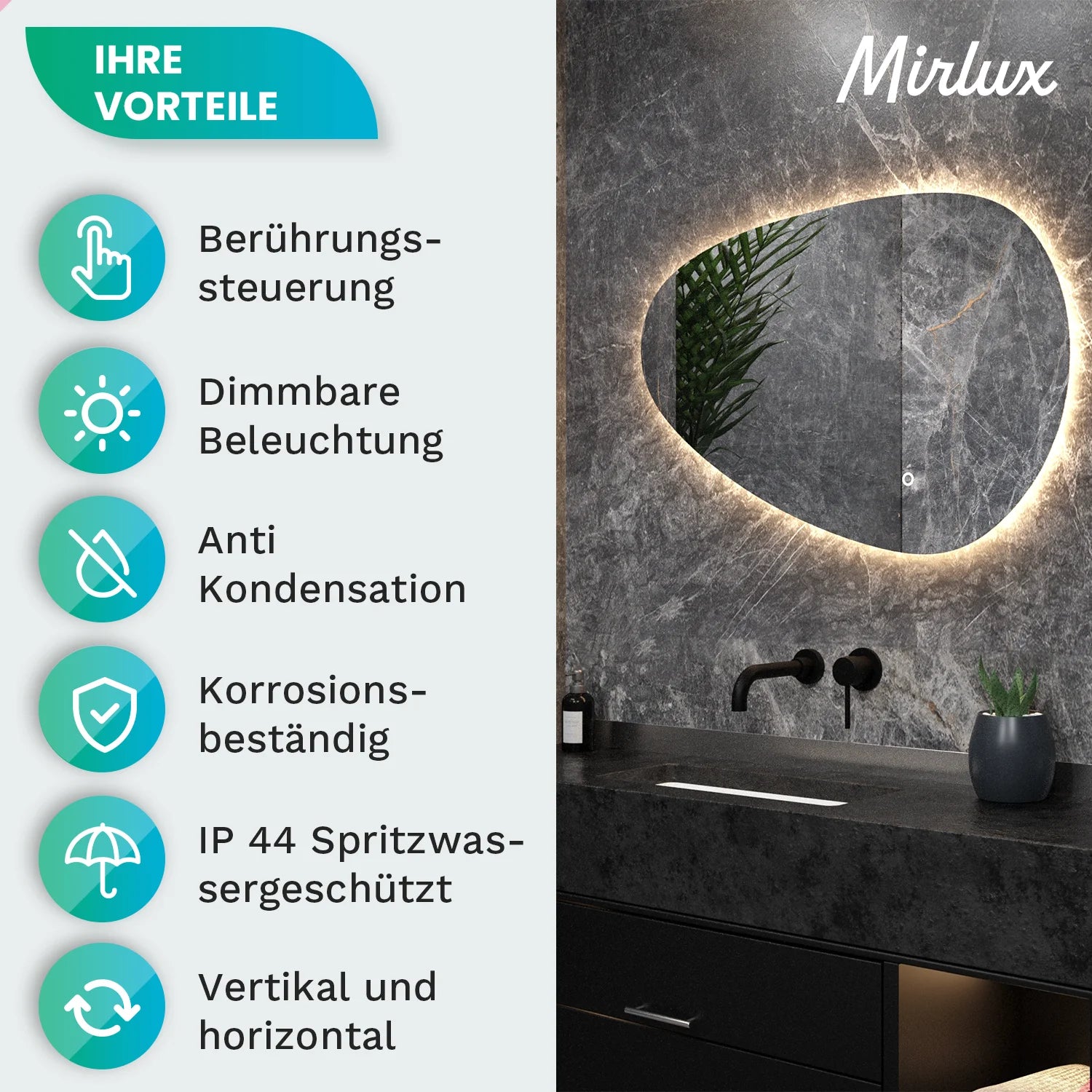 Badezimmerspiegel - 90x60cm Asymmetrisch - Rahmenlos