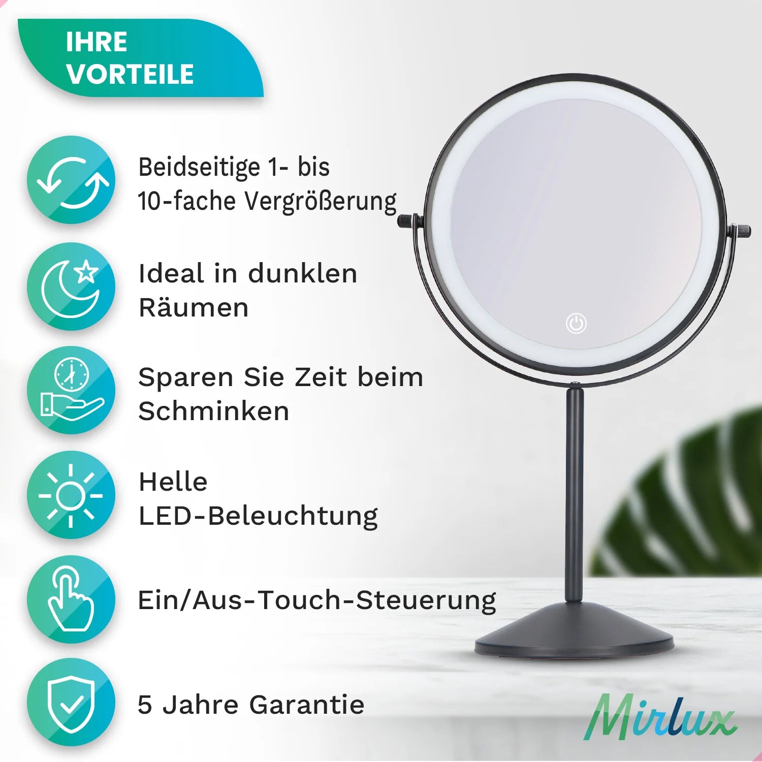 Schminkspiegel - Stehend - Wiederaufladbar - Schwarz - 1-10-fache Vergrößerung
