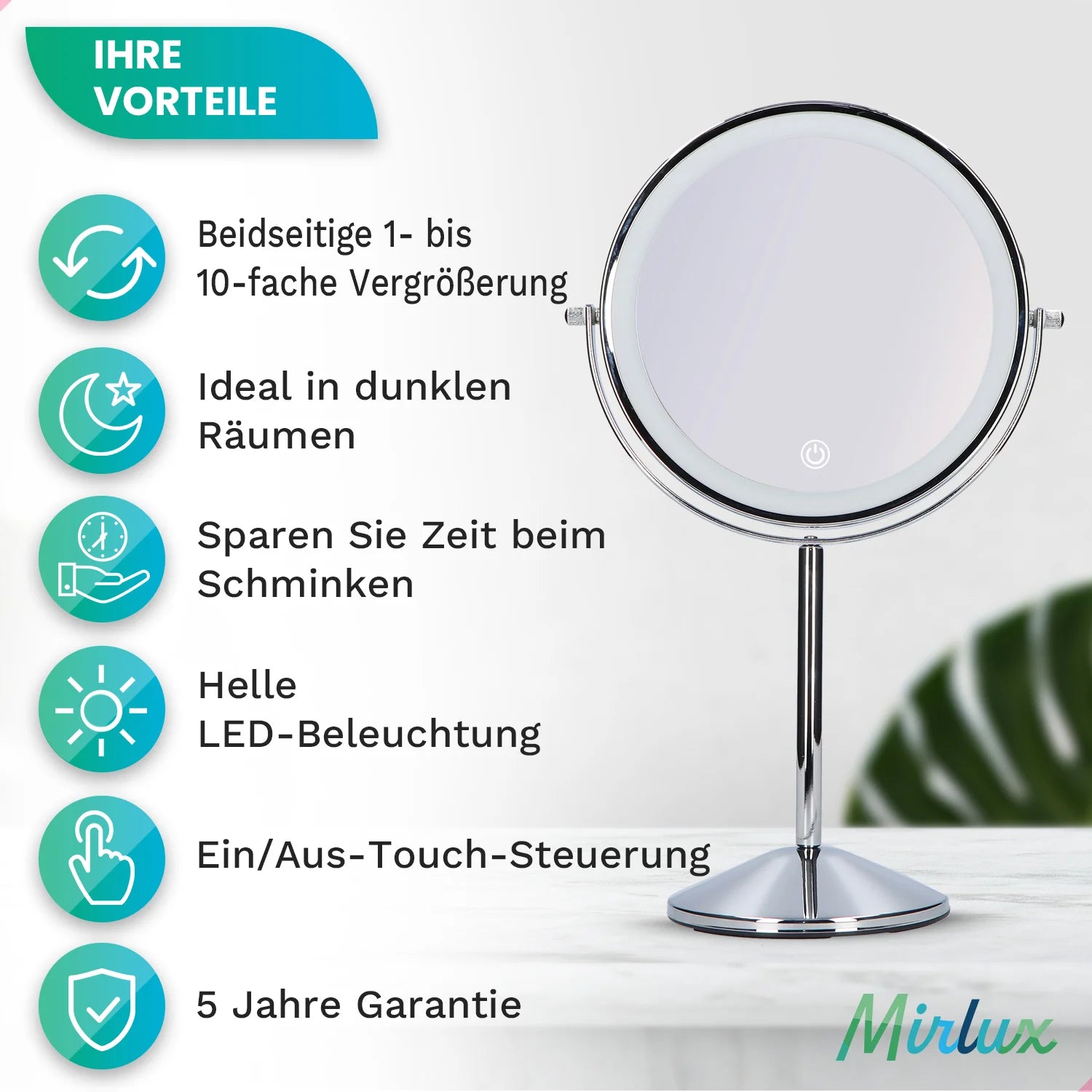 Schminkspiegel - Stehend - Wiederaufladbar - Chrom - 1-10-fache Vergrößerung