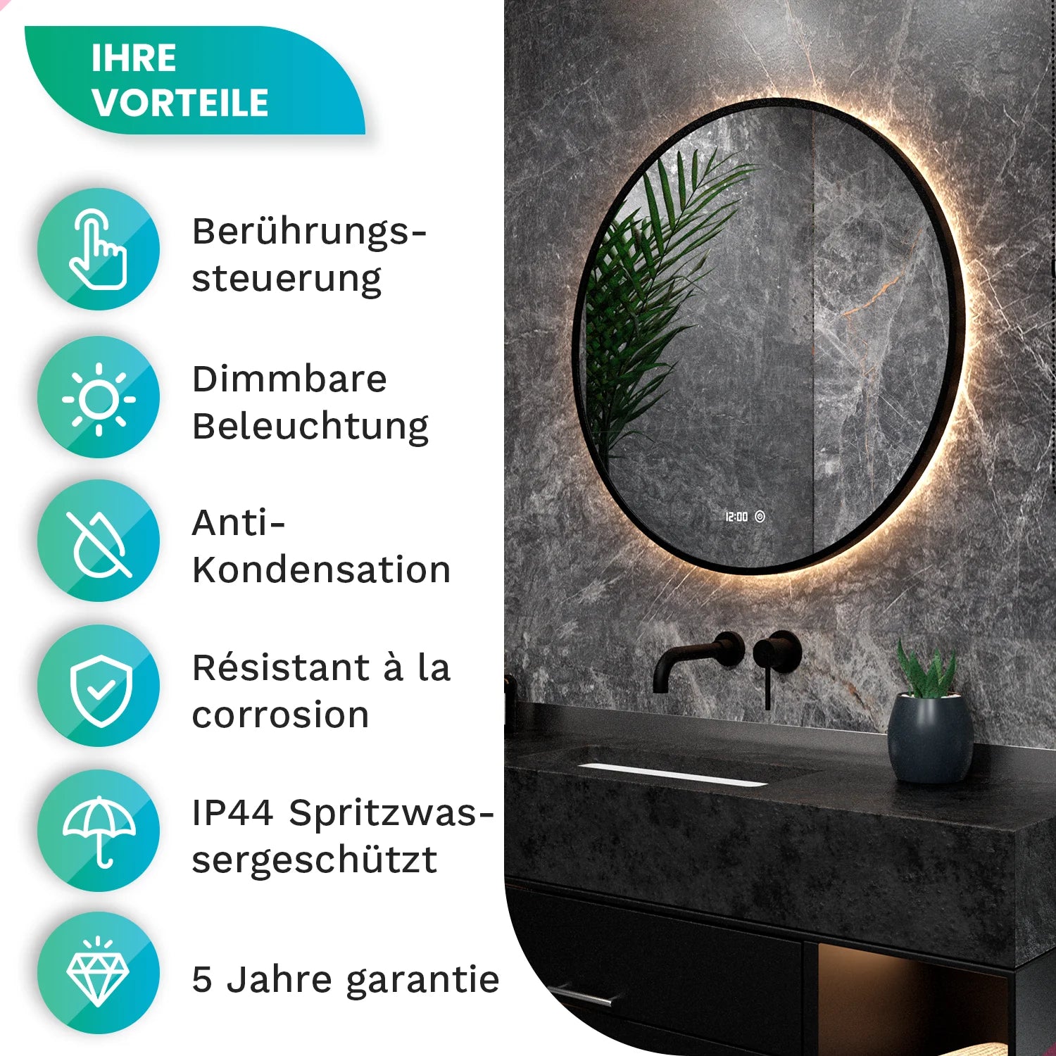 Badezimmerspiegel - Rund - 100cm - Schwarzer Rahmen