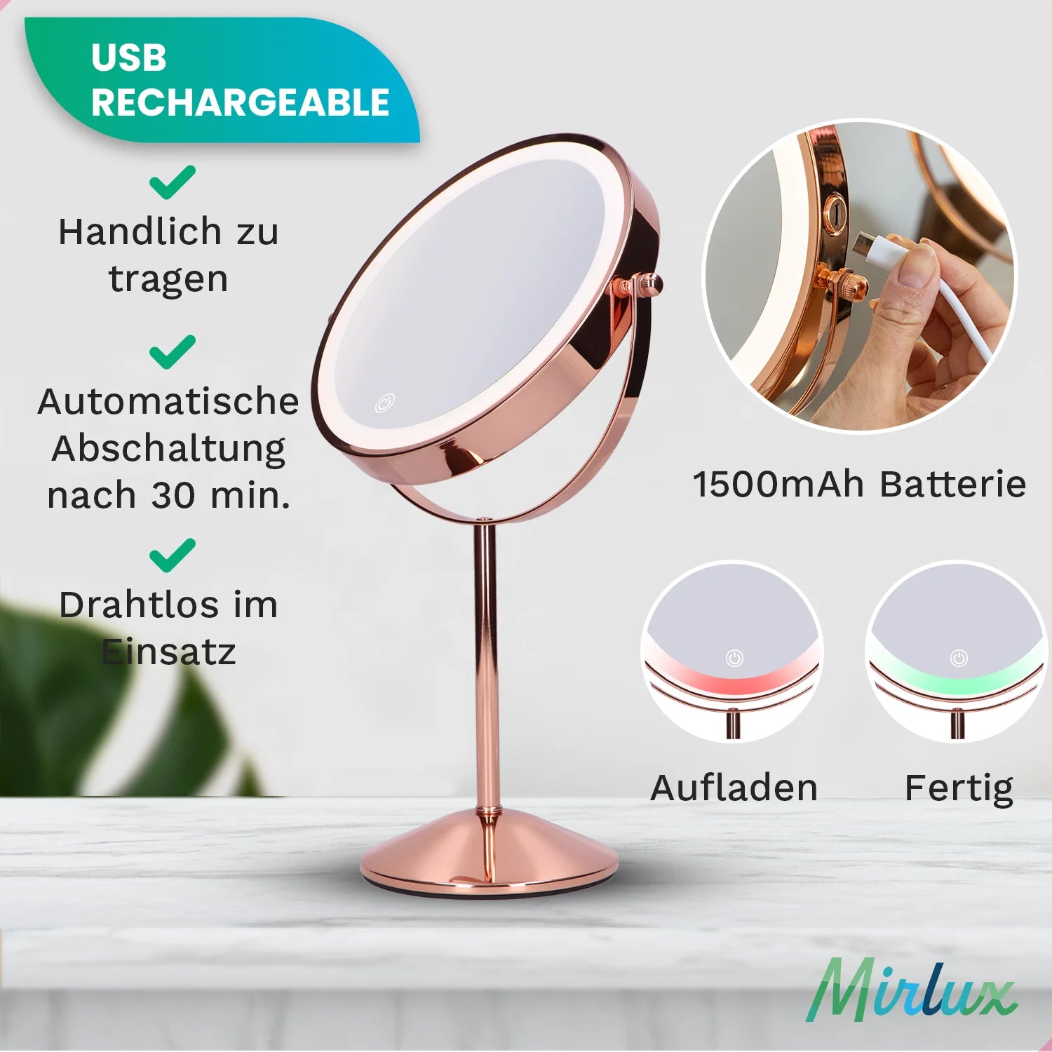 Schminkspiegel - Stehend - Wiederaufladbar - Pink - 1-10-fache Vergrößerung