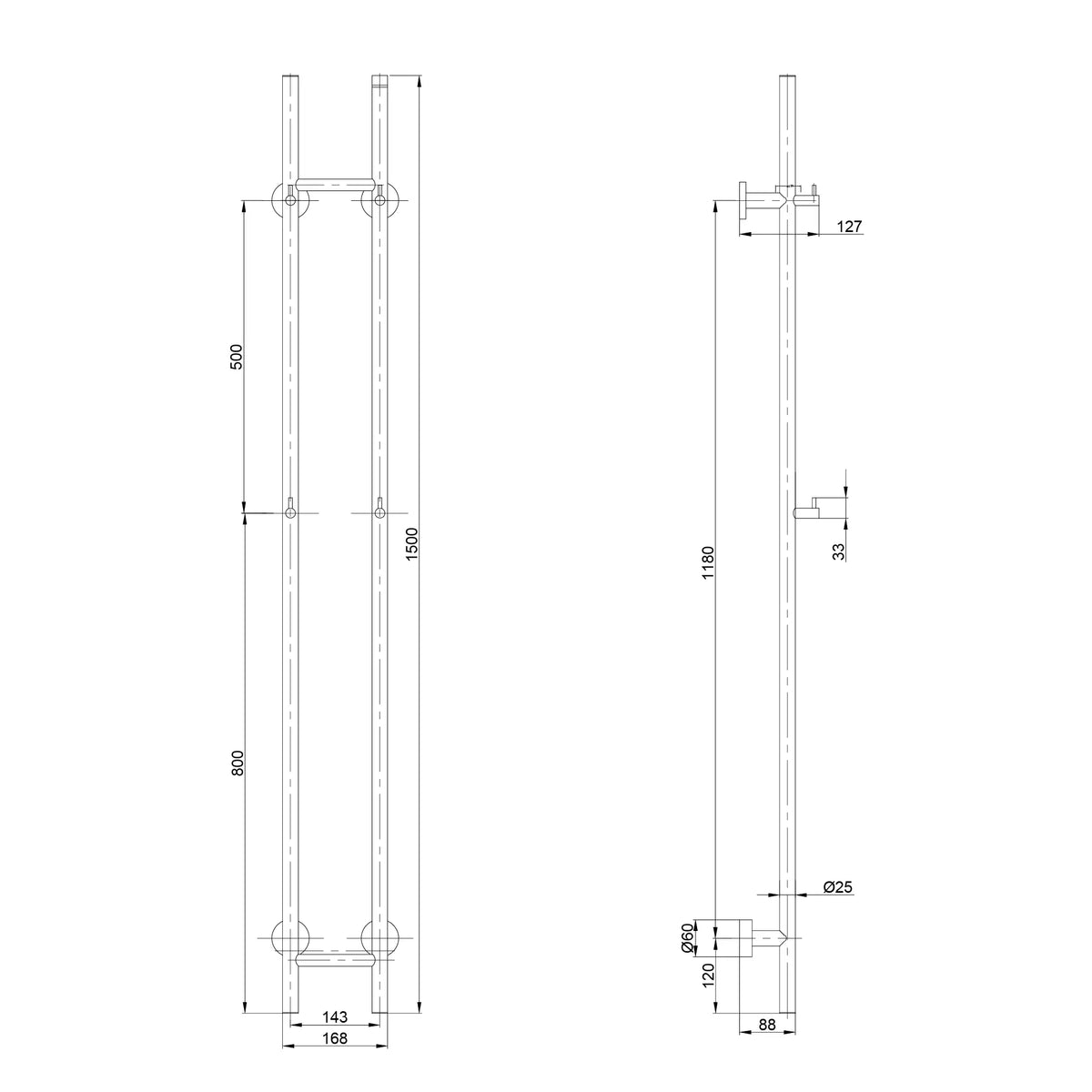 Elektrischer Handtuchheizkörper mit Stangen, Doppel - 70 Watt - 150x16.8 cm - Matt Schwarz