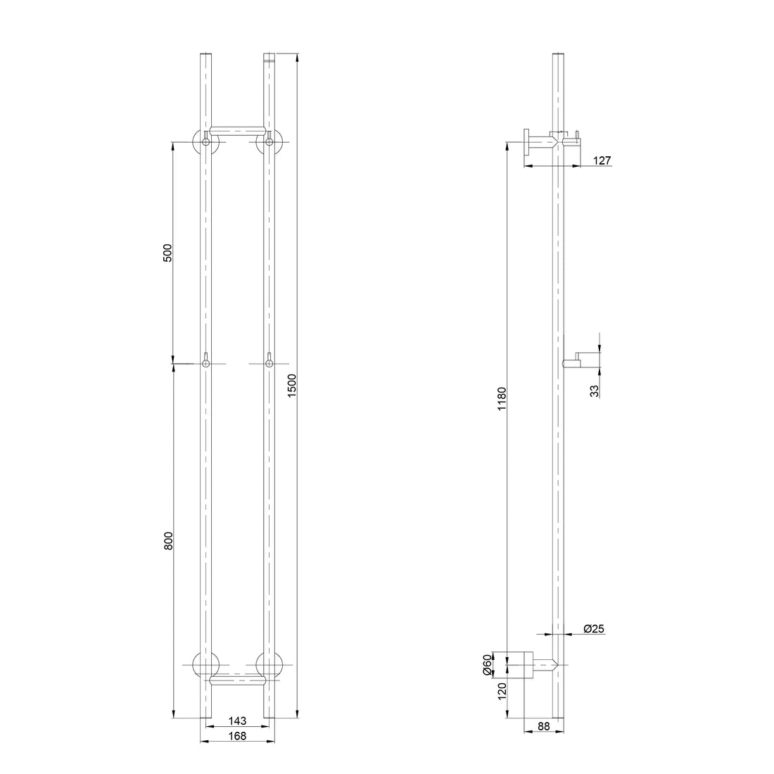 Elektrischer Stab-Handtuchheizkörper Doppel - 70 Watt - 150x16.8 cm - Gold