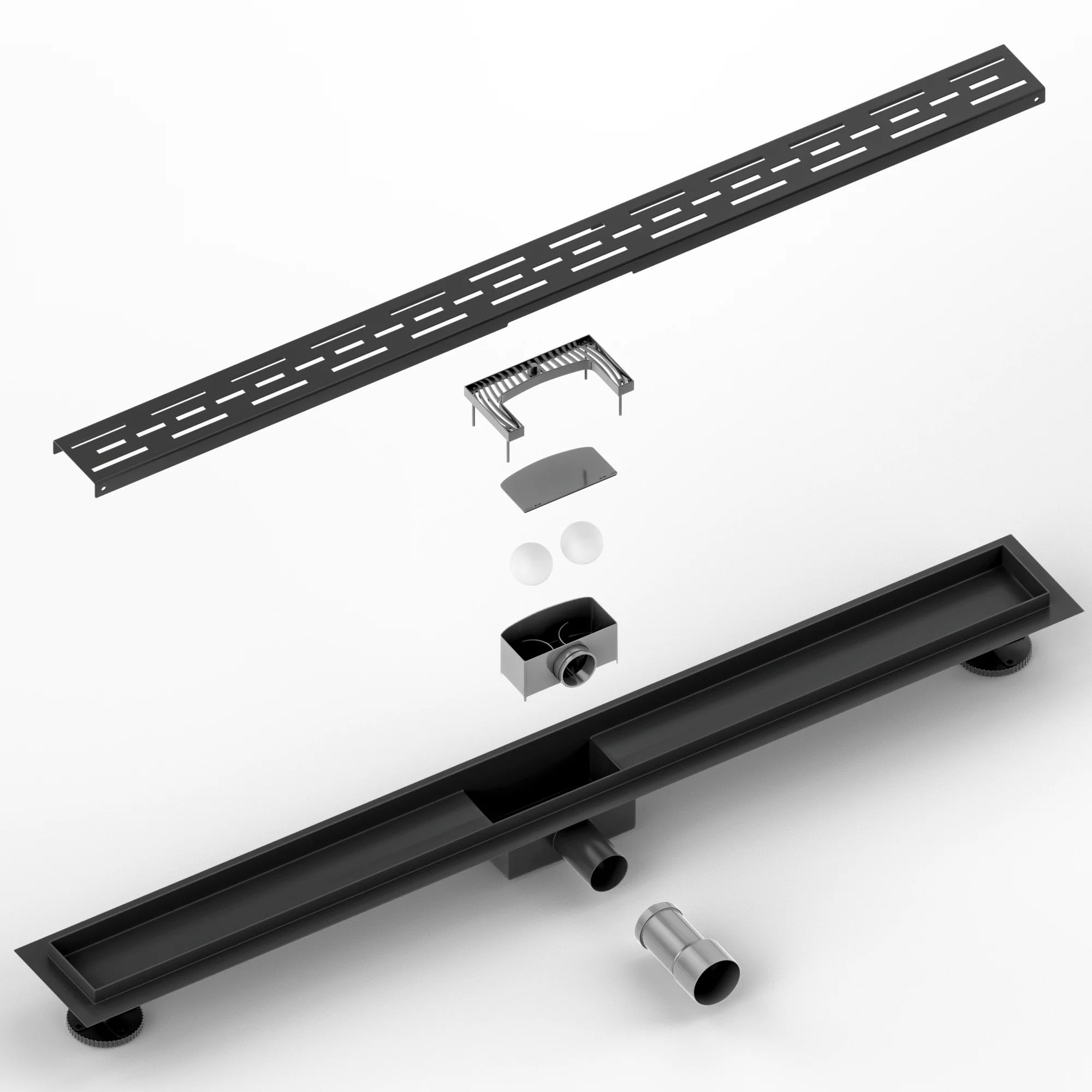Duschrinne – 90 cm – Mattschwarz – Standardrost – Edelstahl – mit Flansch