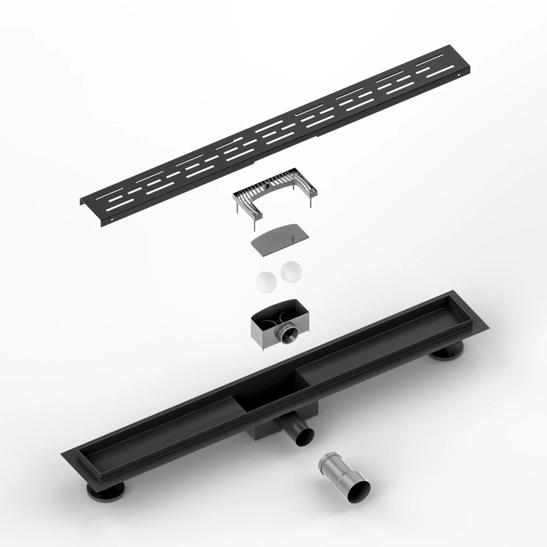 Duschrinne – 70 cm – Mattschwarz – Standardrost – Edelstahl – mit Flansch