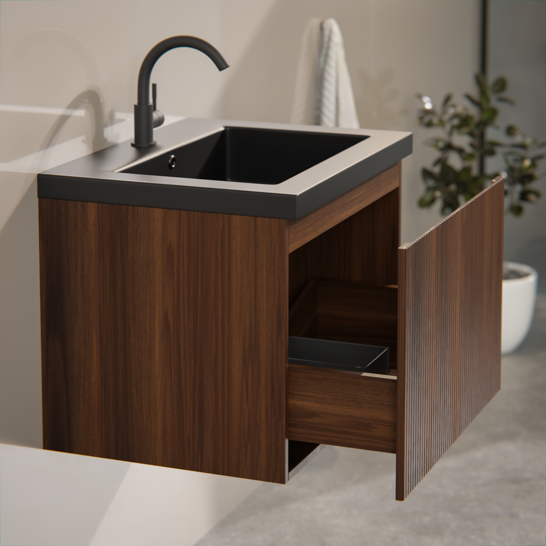 Badezimmermöbel Vino - 60 cm - Walnussbraun - Waschbecken Schwarz