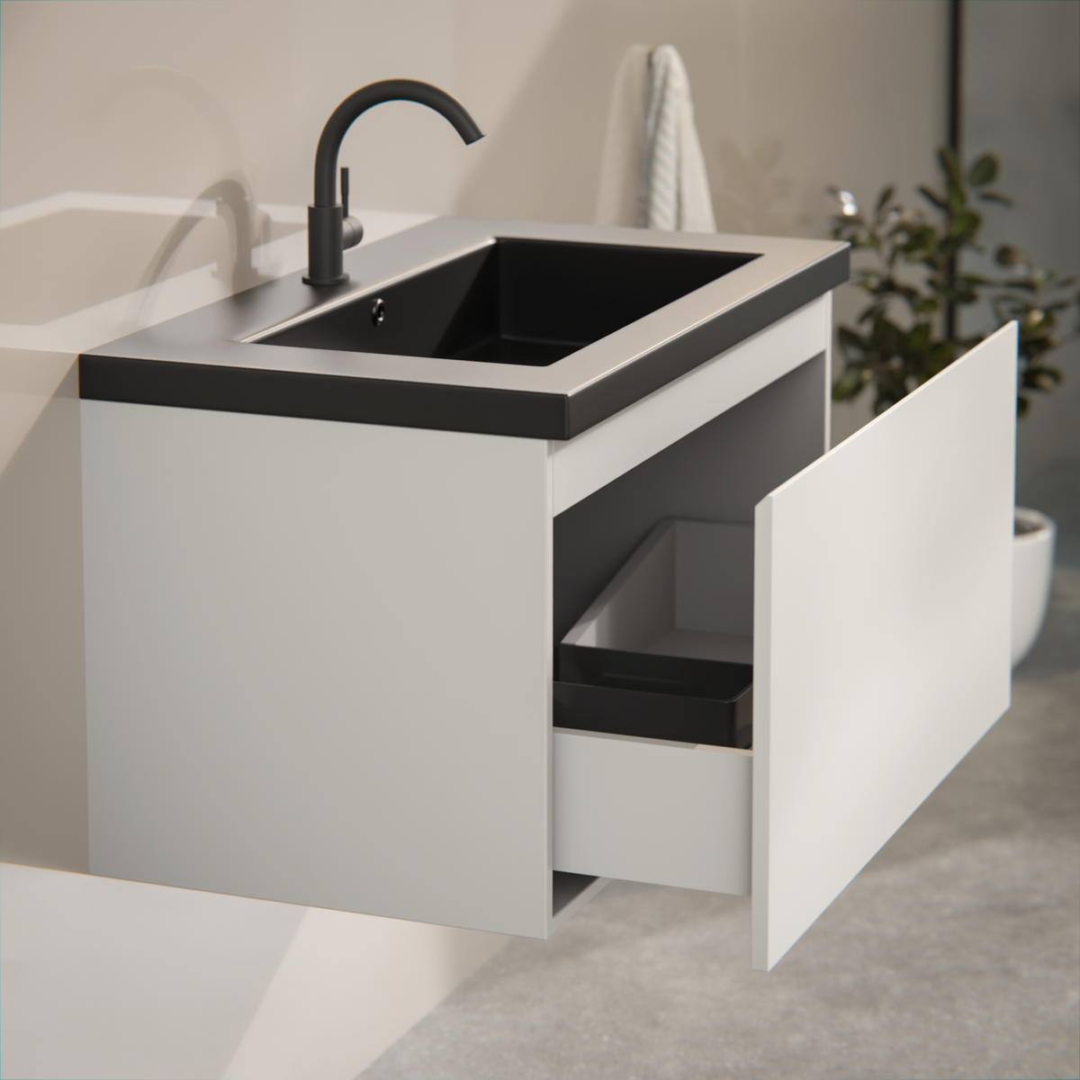 Badezimmermöbel Niko - 80cm - Taupe - Waschbecken Schwarz