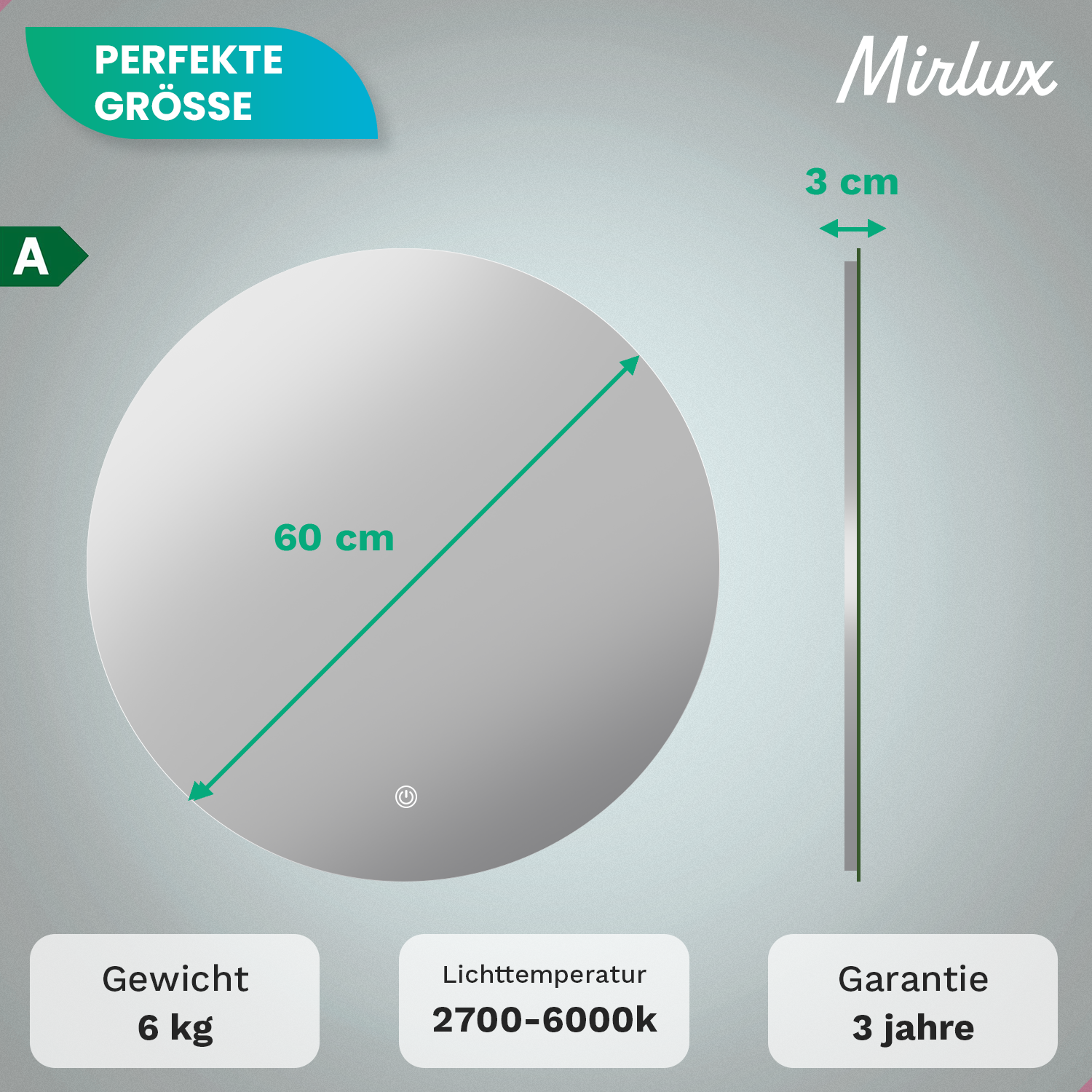 Badezimmerspiegel - Rund - 60cm - Rahmenlos - Vorbestellen