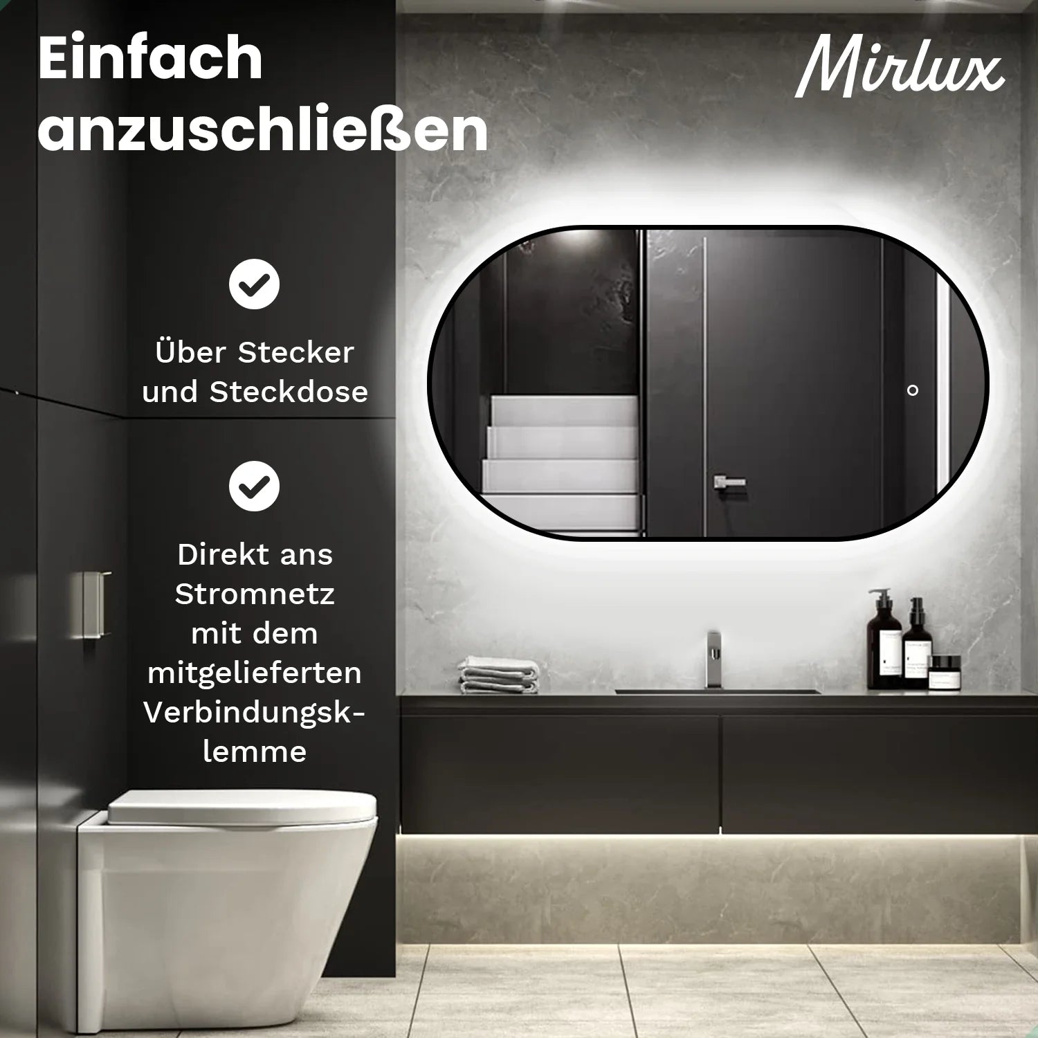 Badezimmerspiegel - 90x50cm - Schwarzer Rahmen - Oval