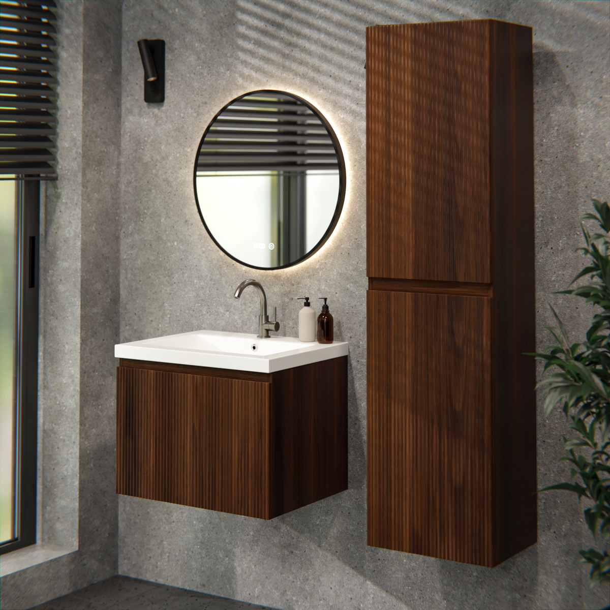 Badezimmermöbel Vino - 60 cm - Walnussbraun - Waschbecken Weiß