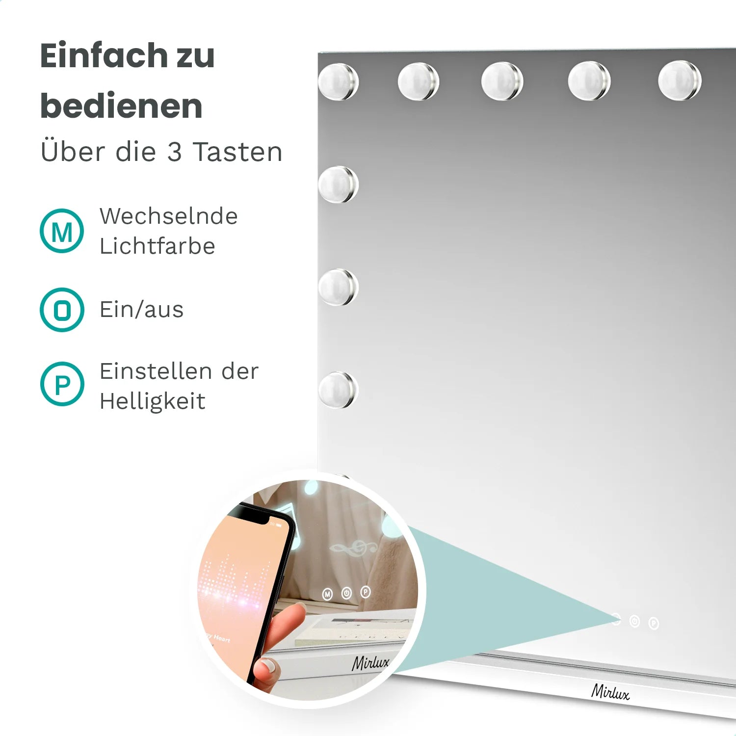 Hollywood Spiegel - Bluetooth-Lautsprecher - 58x48cm - Weiß