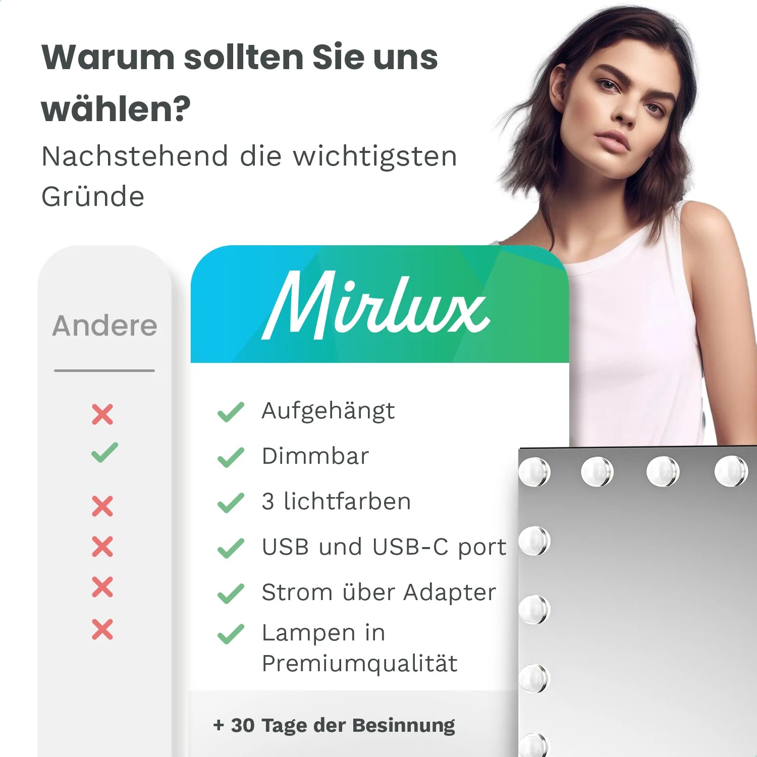 Hollywood Spiegel - Bluetooth-Lautsprecher - 80x60cm - Schwarz