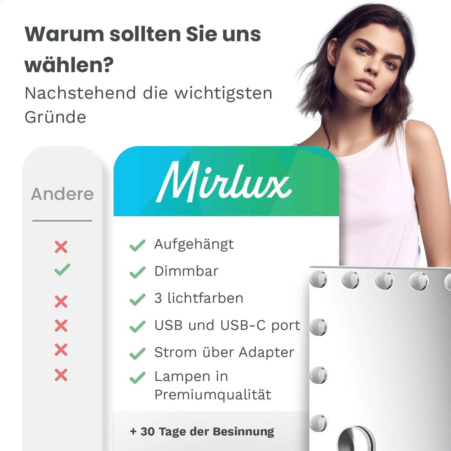 Hollywood Spiegel - Bluetooth-Lautsprecher - 58x48cm - Weiß