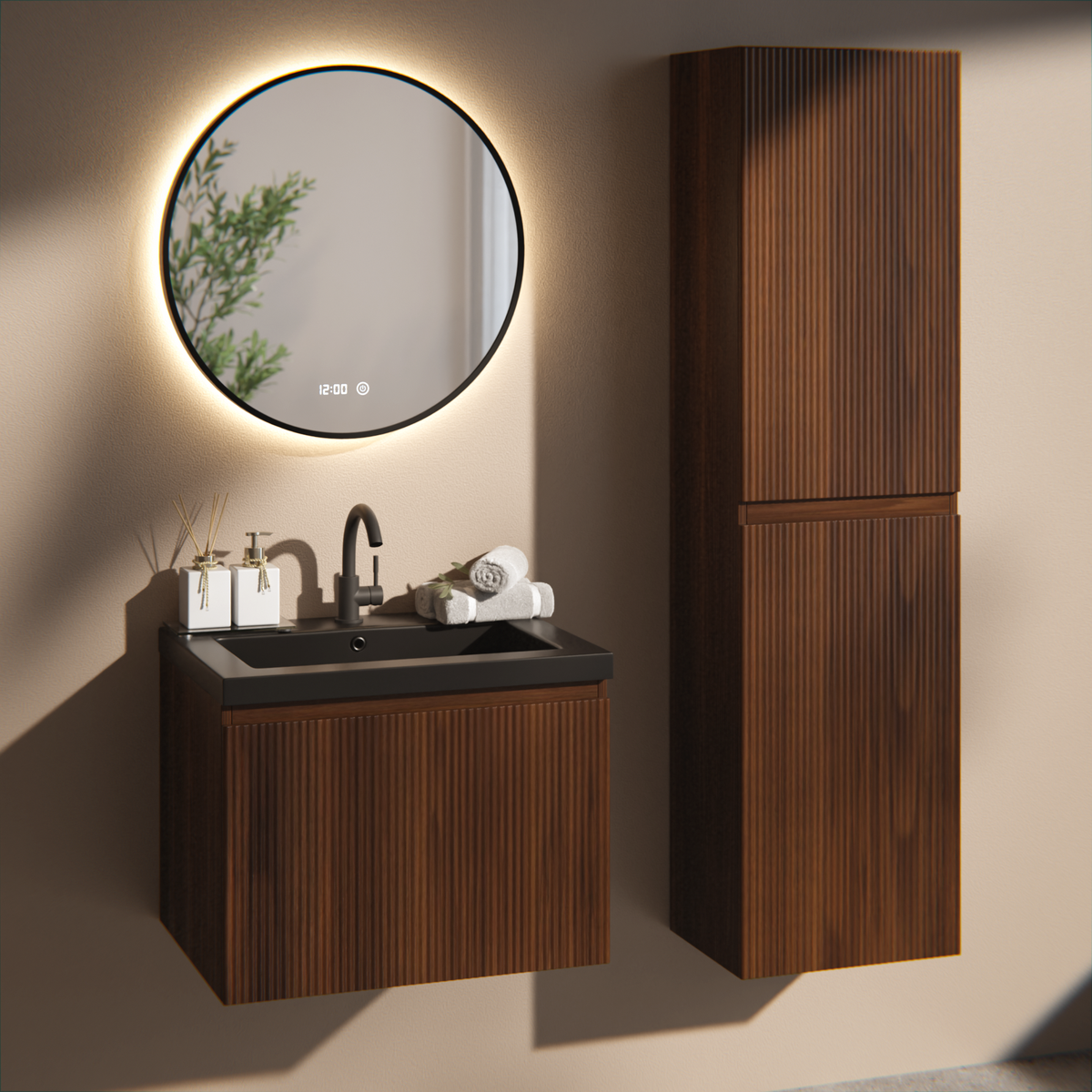 Badezimmermöbel Vino - 60 cm - Walnussbraun - Waschbecken Schwarz