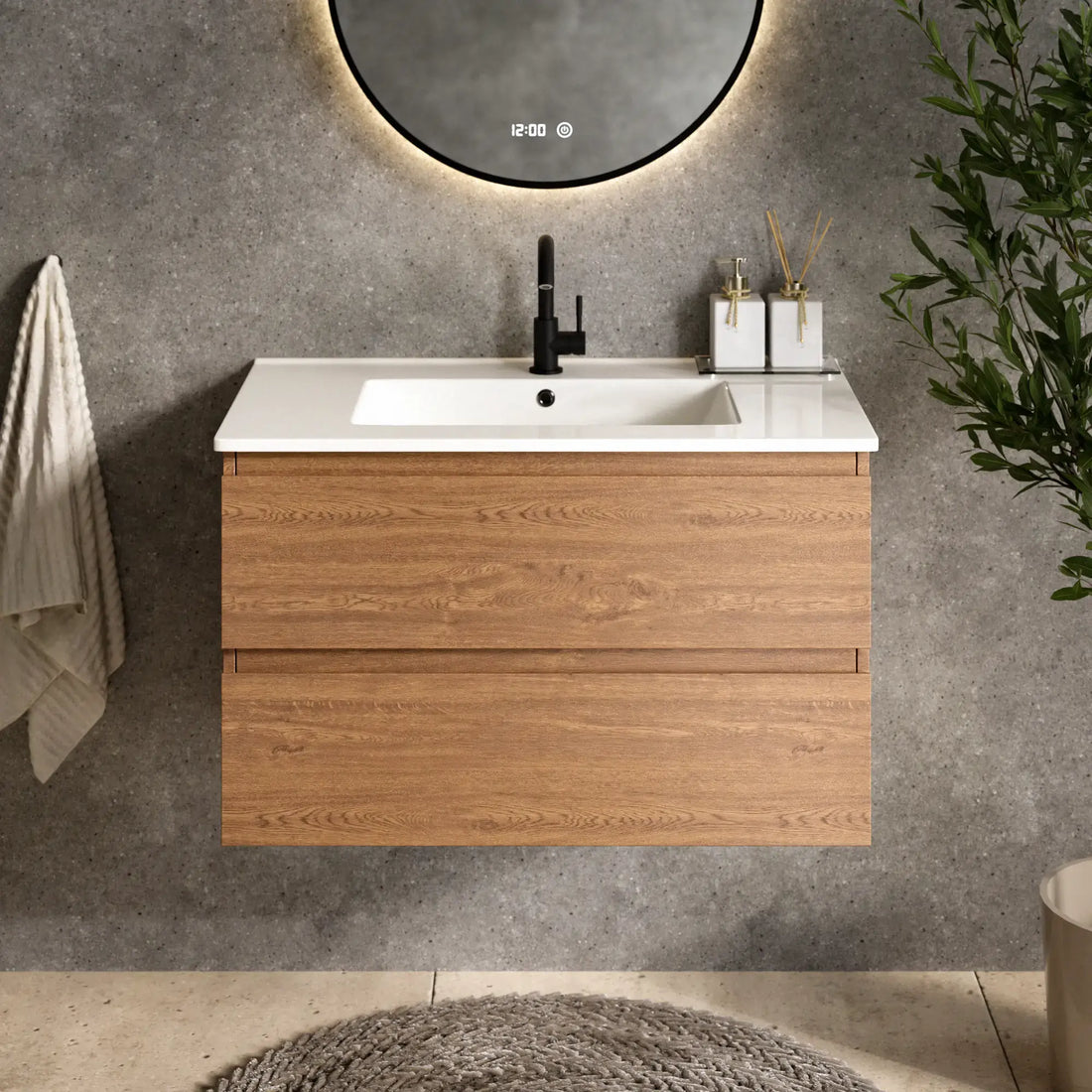 Badezimmermöbel Luma - 80 cm - Warm Eiche - Weißes Waschbecken