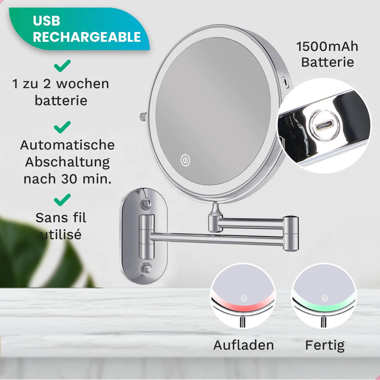 Schminkspiegel - Wiederaufladbar - 7-fache Vergrößerung - Chrom - Vorbestellen