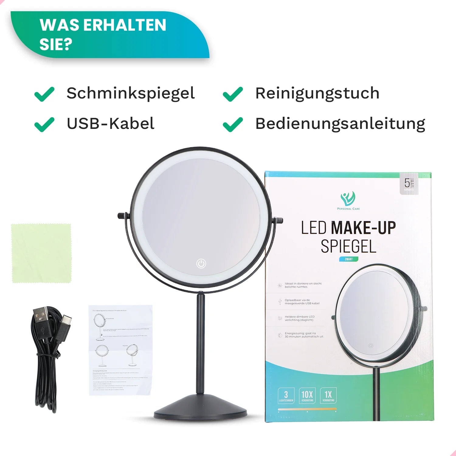 Schminkspiegel - Stehend - Wiederaufladbar - Schwarz - 1-10-fache Vergrößerung