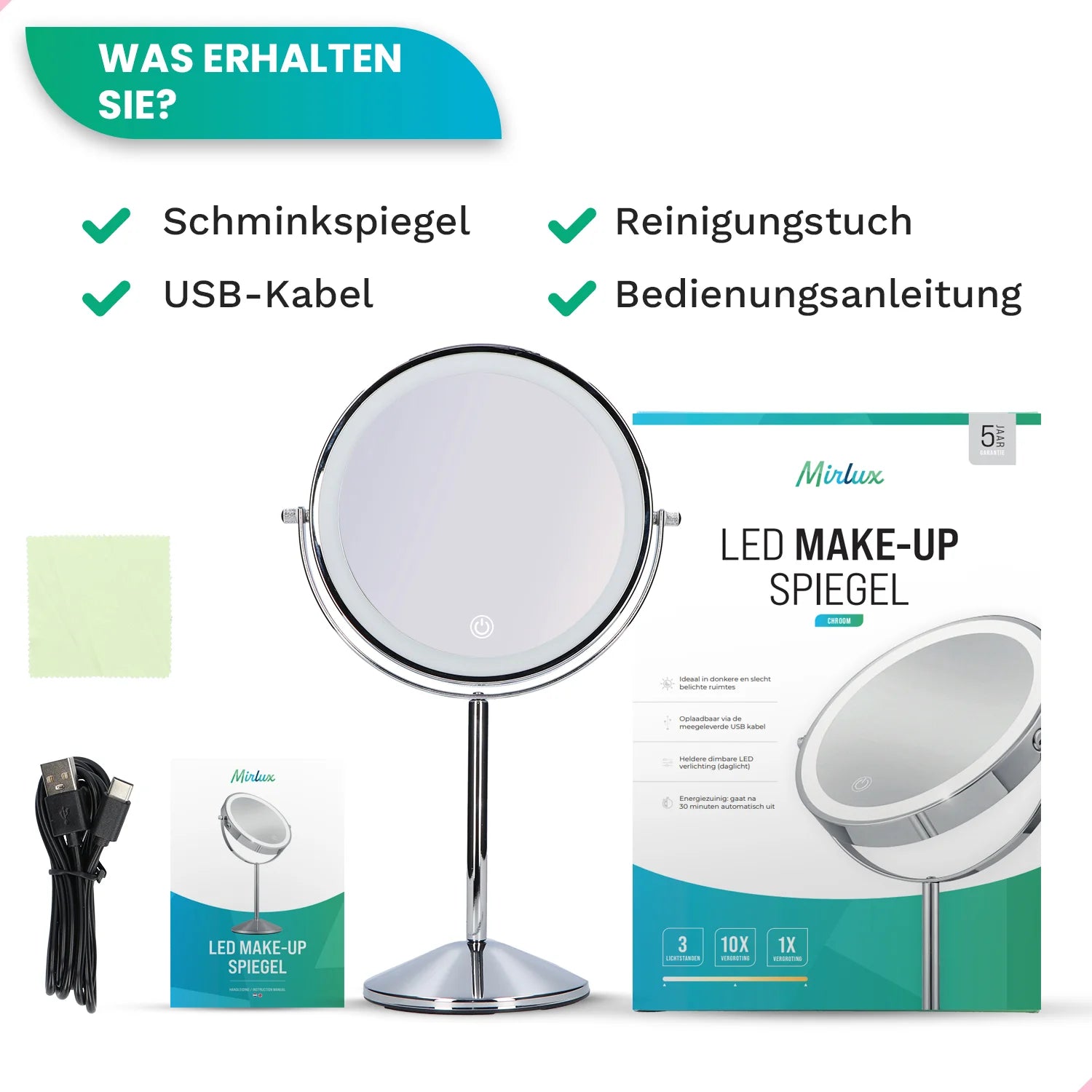 Schminkspiegel - Stehend - Wiederaufladbar - Chrom - 1-10-fache Vergrößerung