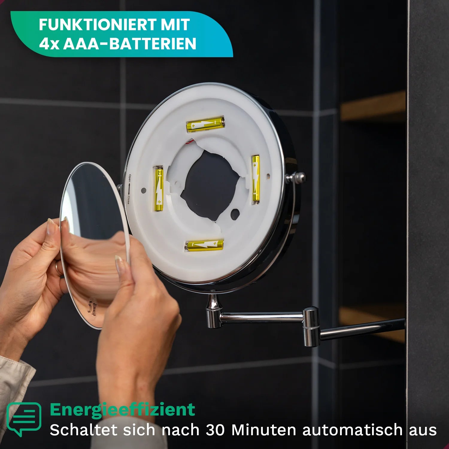 Schminkspiegel - Batterie - 5-fache Vergrößerung - Chrom