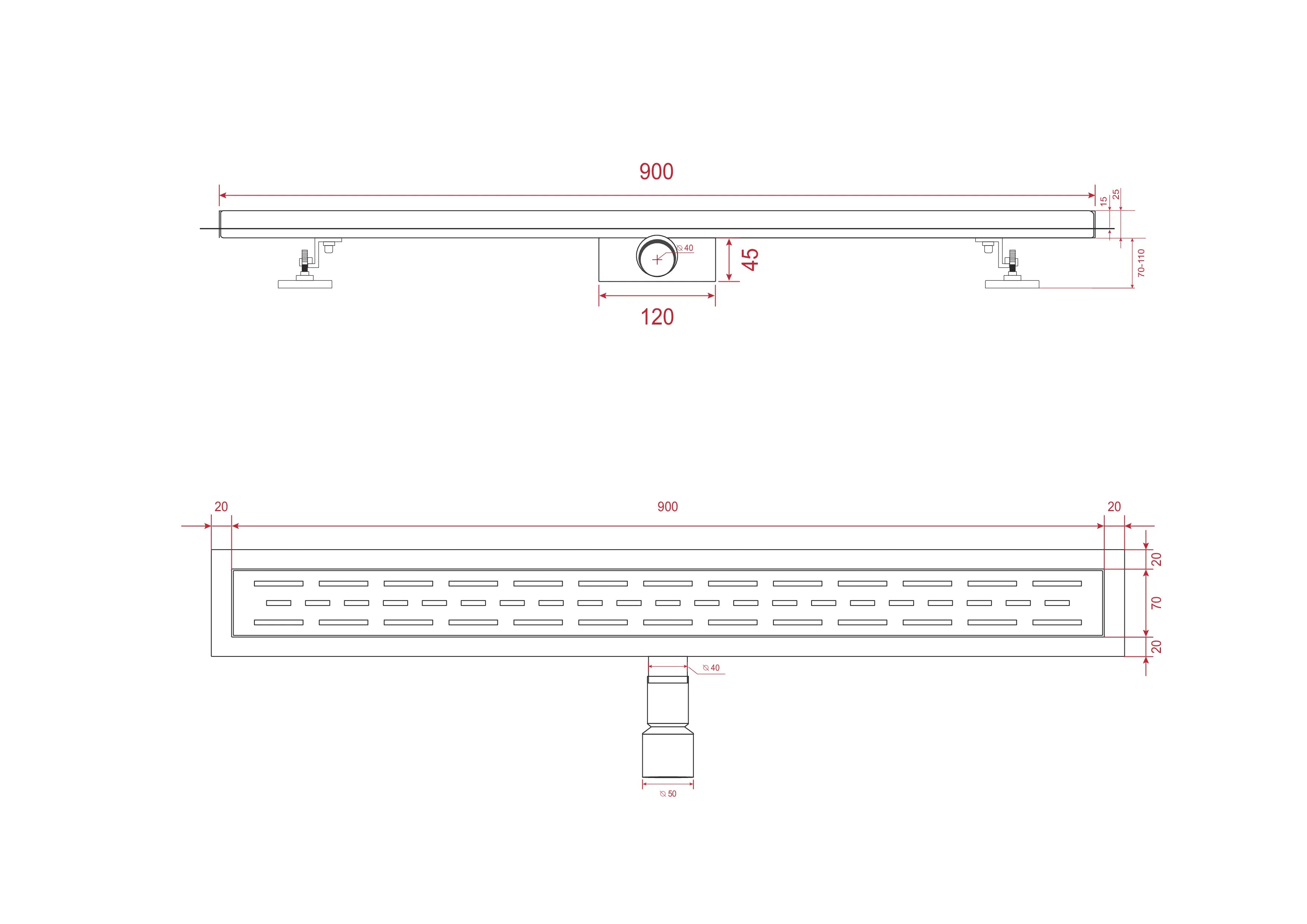 Duschrinne – 90 cm – Mattschwarz – Standardrost – Edelstahl – mit Flansch