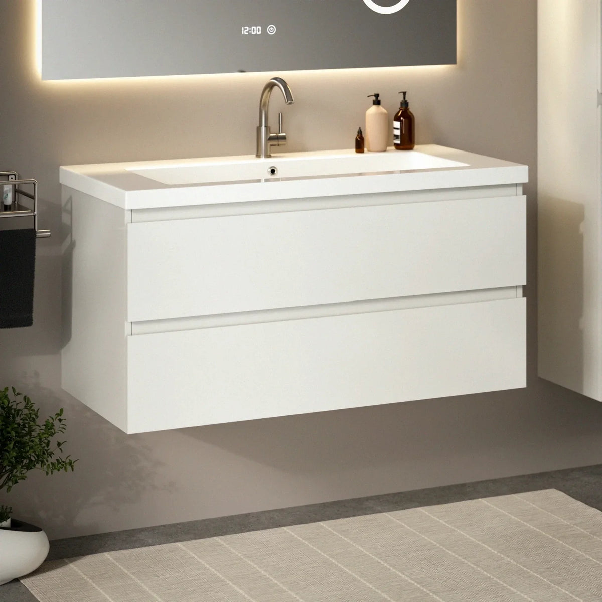 Badezimmermöbel Sena – 100 cm – Weiß – glänzend weißes Waschbecken