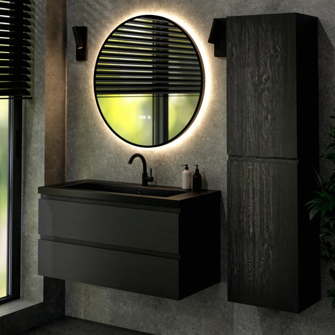 Badezimmermöbel Set Imperial – 100 cm – Schwarze Eiche – Schwarzes Waschbecken