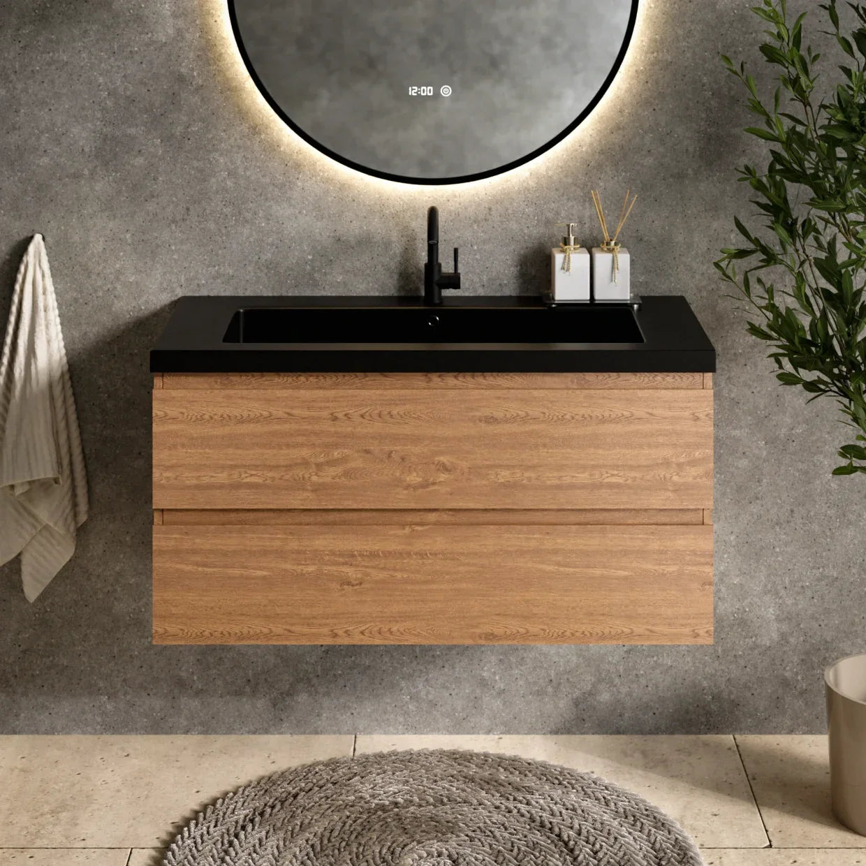 Badezimmermöbel Sena – 100 cm – Warmeiche – Schwarzes Waschbecken - Vorbestellen