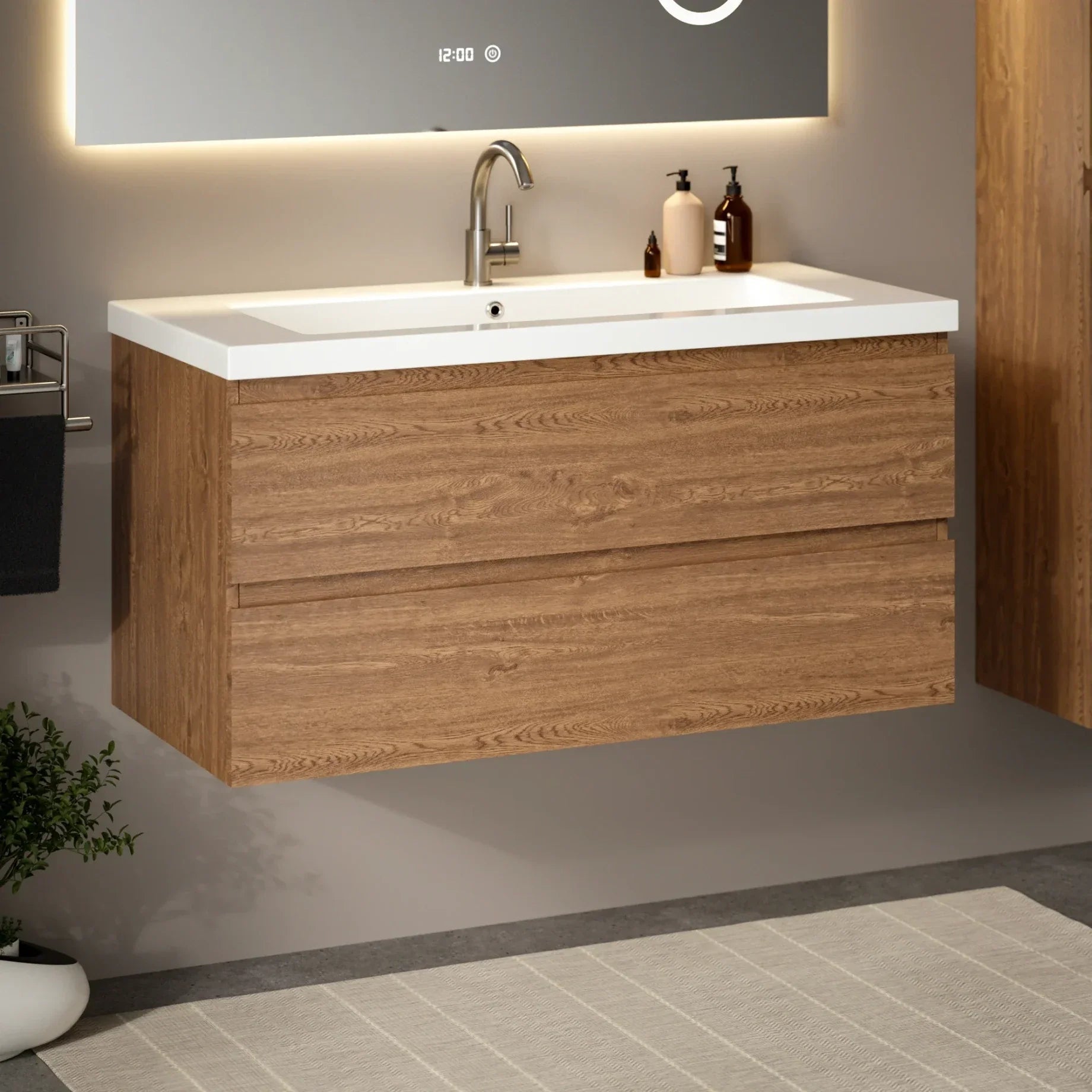 Badezimmermöbel Sena – 100 cm – Warmeiche – Weißes Waschbecken