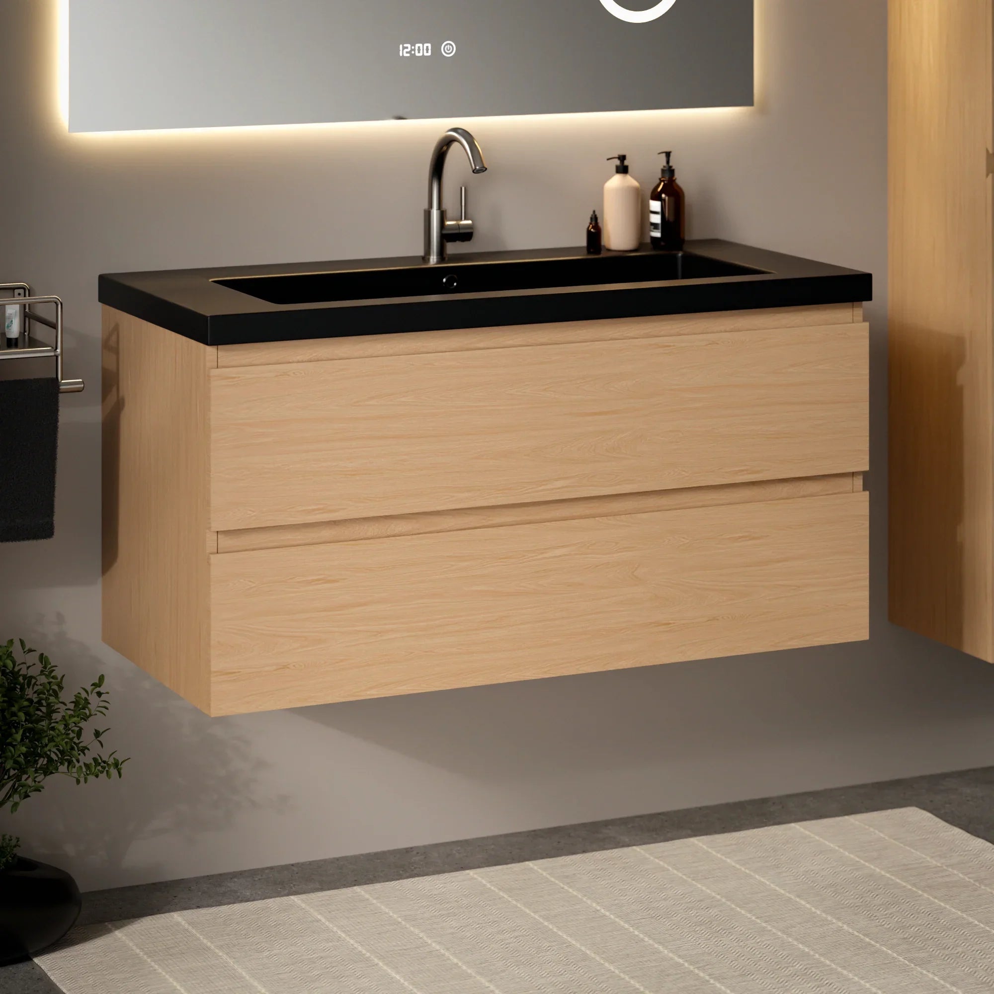 Badezimmermöbel Sena – 100 cm – Helleiche – Schwarzes Waschbecken - Vorbestellen