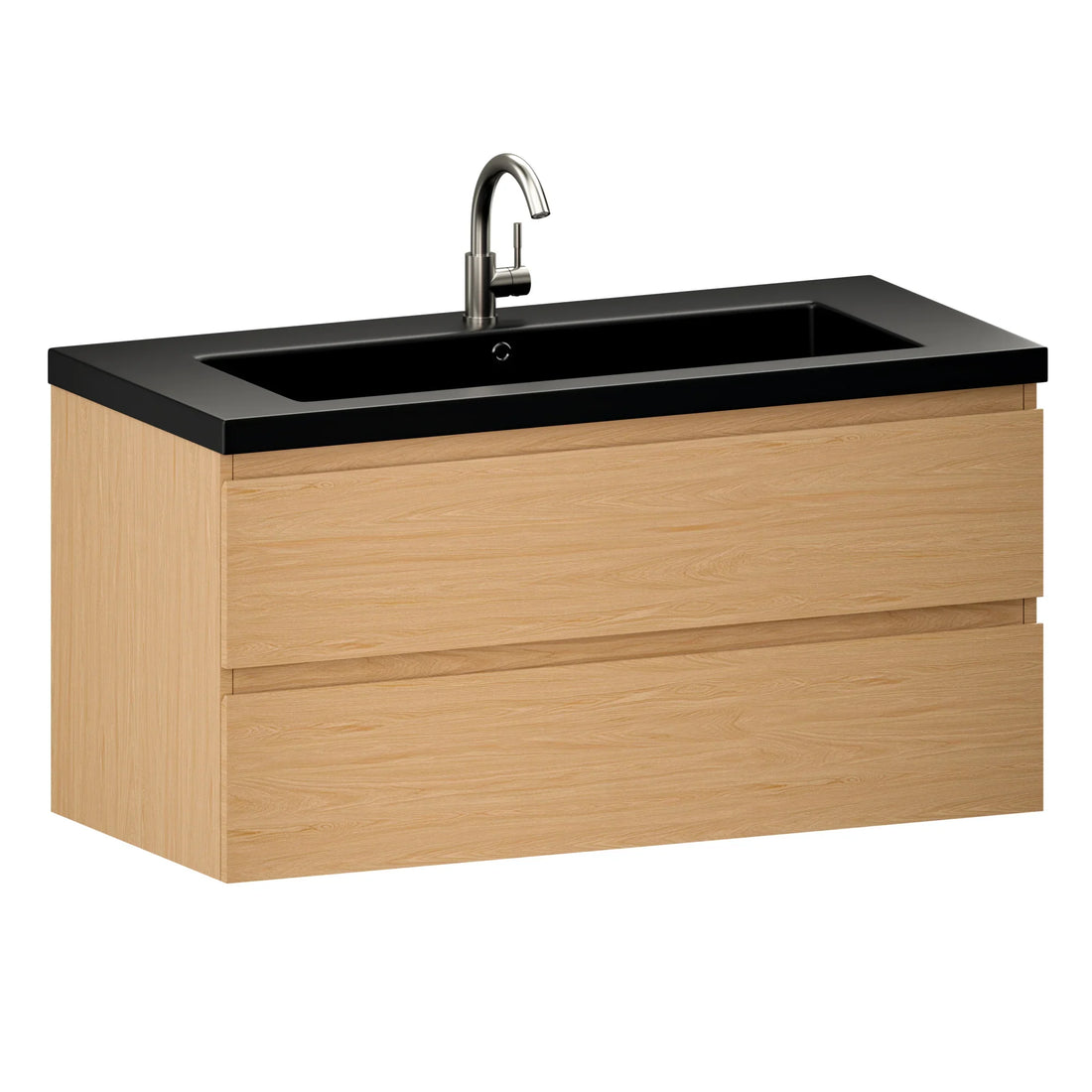 Badezimmermöbel Sena – 100 cm – Helle Eiche – Schwarzes Waschbecken