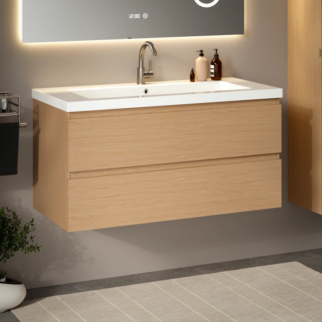 Badezimmermöbel Sena – 100 cm – Helle Eiche – Weißes Waschbecken