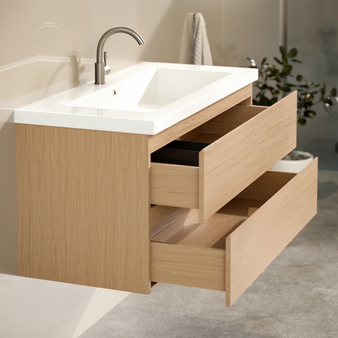 Badezimmermöbel Sena – 100 cm – Helle Eiche – Weißes Waschbecken