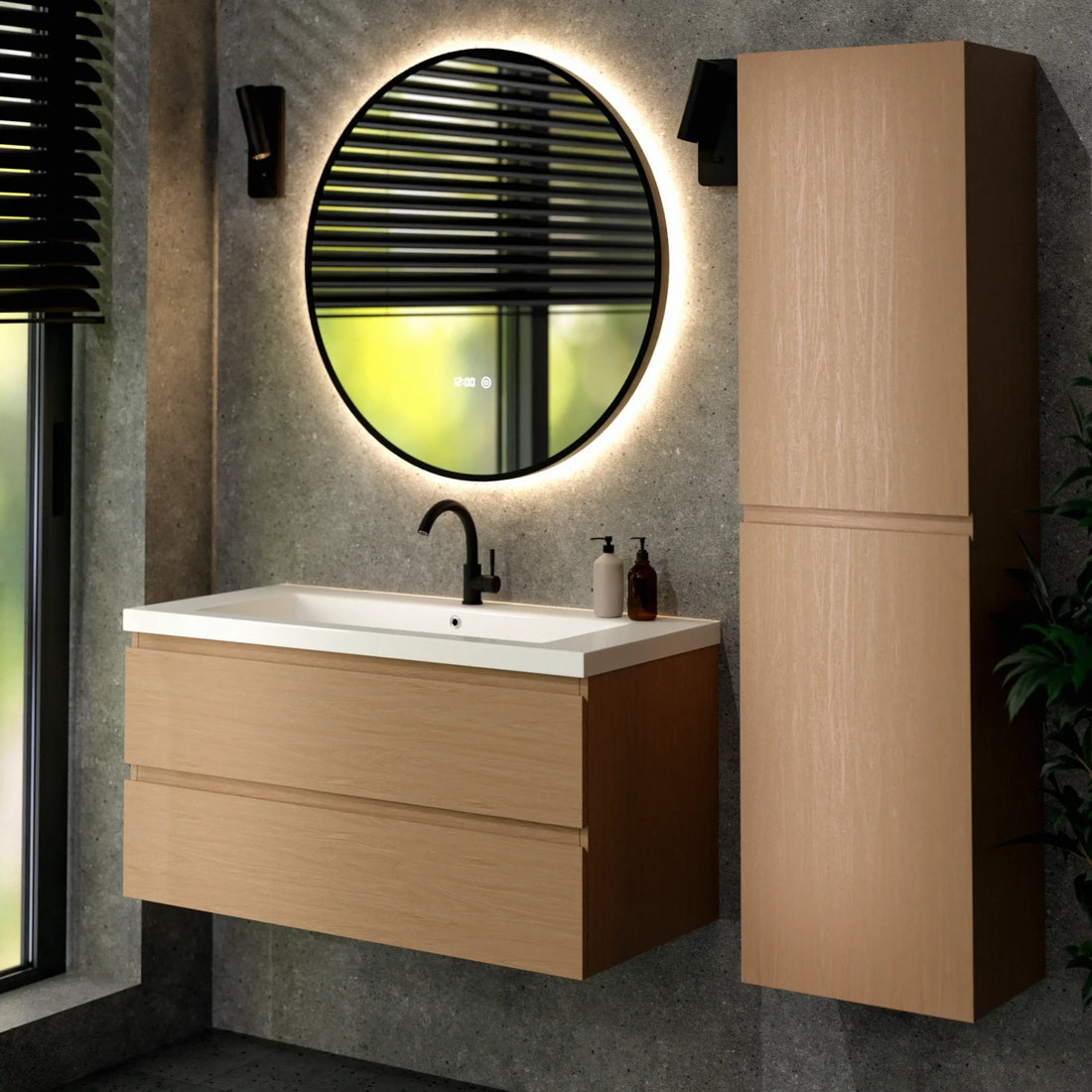 Badezimmermöbel Set Amara – 100 cm – Helle Eiche – Weißes Waschbecken