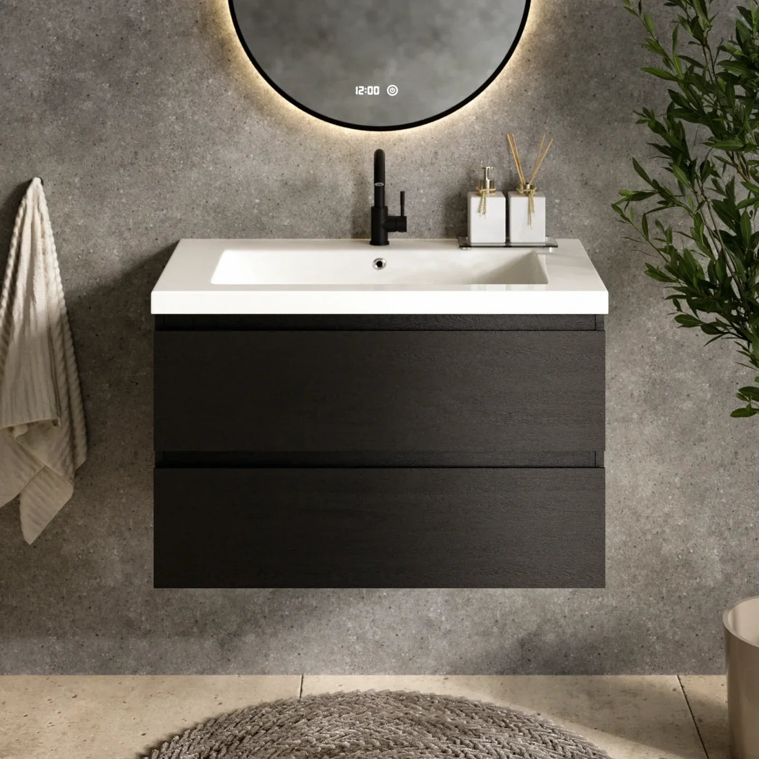 Badezimmermöbel Sova – 80 cm – Schwarzeiche – Weißes Waschbecken