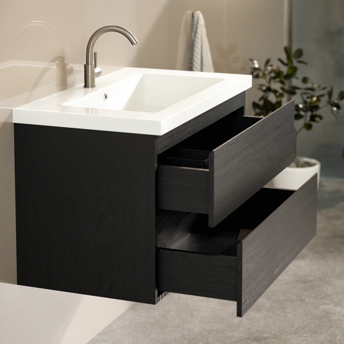 Badezimmermöbel Sova – 80 cm – Schwarzeiche – Weißes Waschbecken