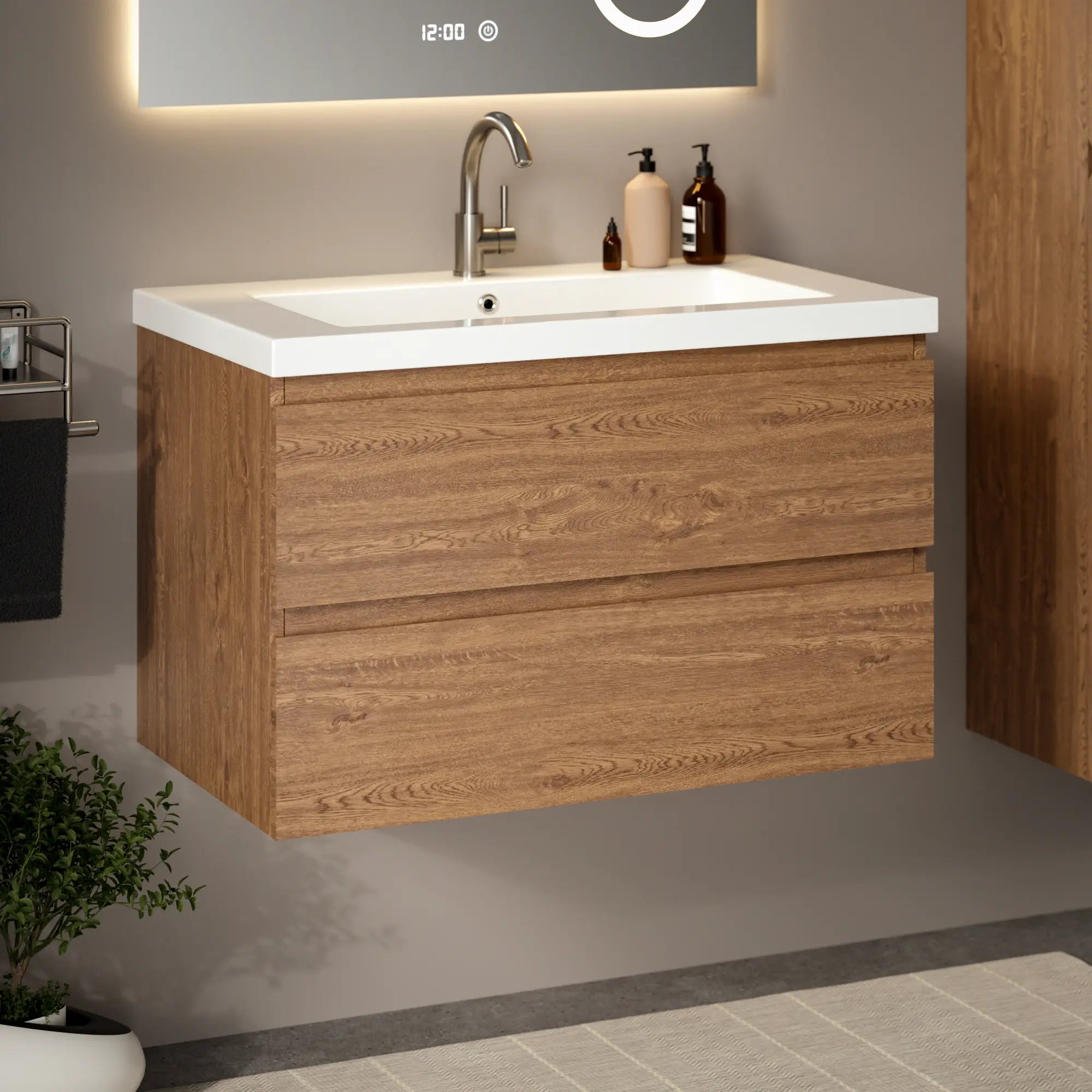Badezimmermöbel Sova – 80 cm – Warmeiche – Weißes Waschbecken