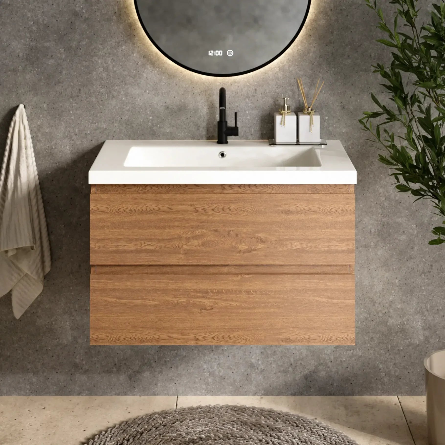 Badezimmermöbel Sova – 80 cm – Warmeiche – Weißes Waschbecken