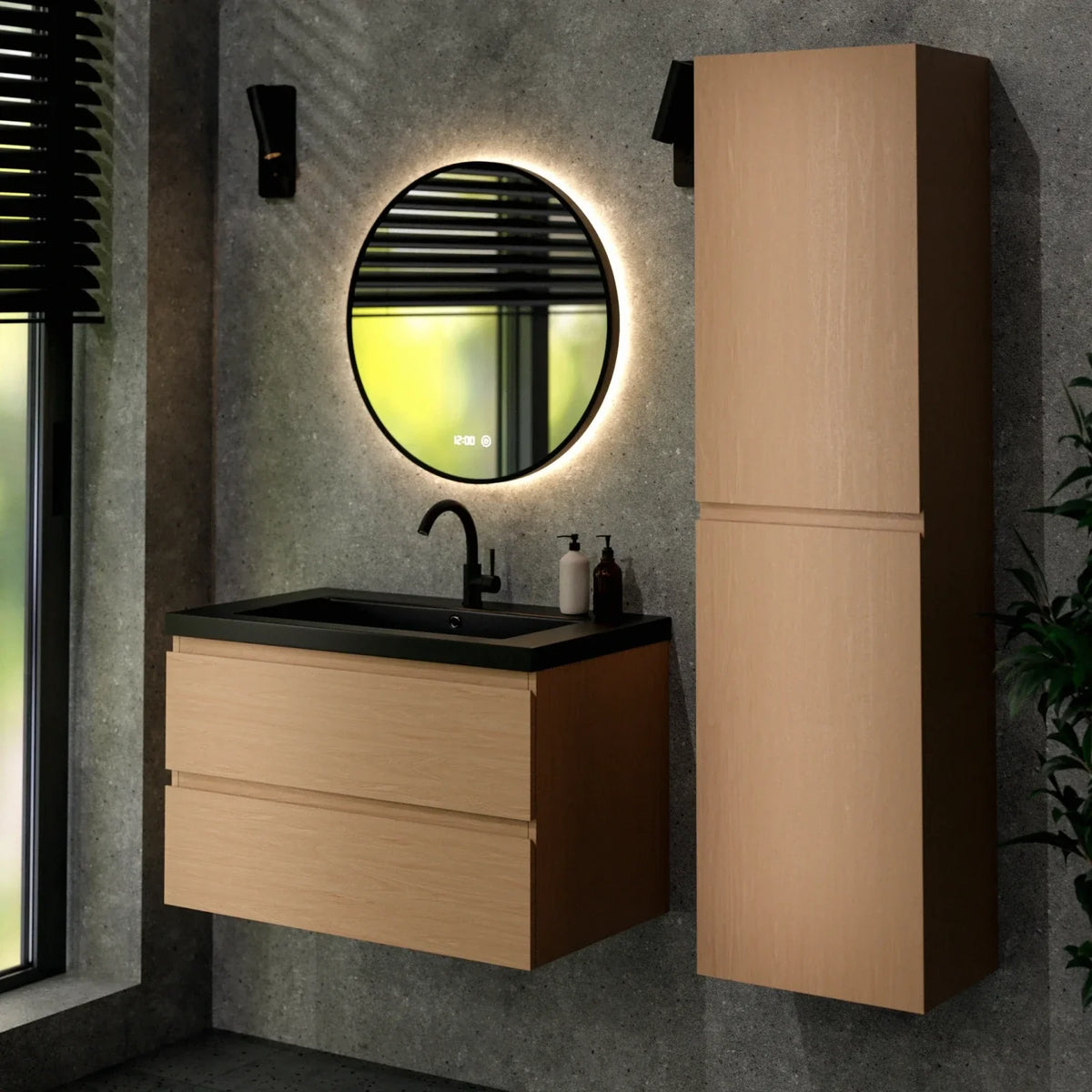 Badezimmermöbel Sova – 80 cm – Helle Eiche – Schwarzes Waschbecken
