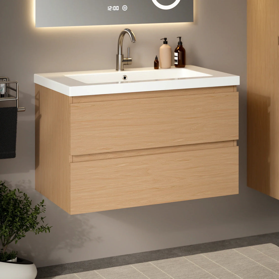 Badezimmermöbel Sova – 80 cm – Helle Eiche – Weißes Waschbecken