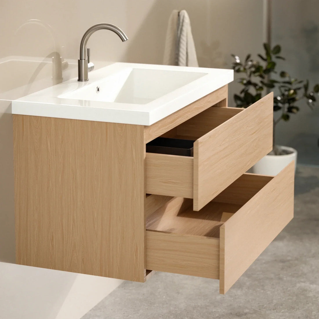 Badezimmermöbel Sova – 80 cm – Helle Eiche – Weißes Waschbecken